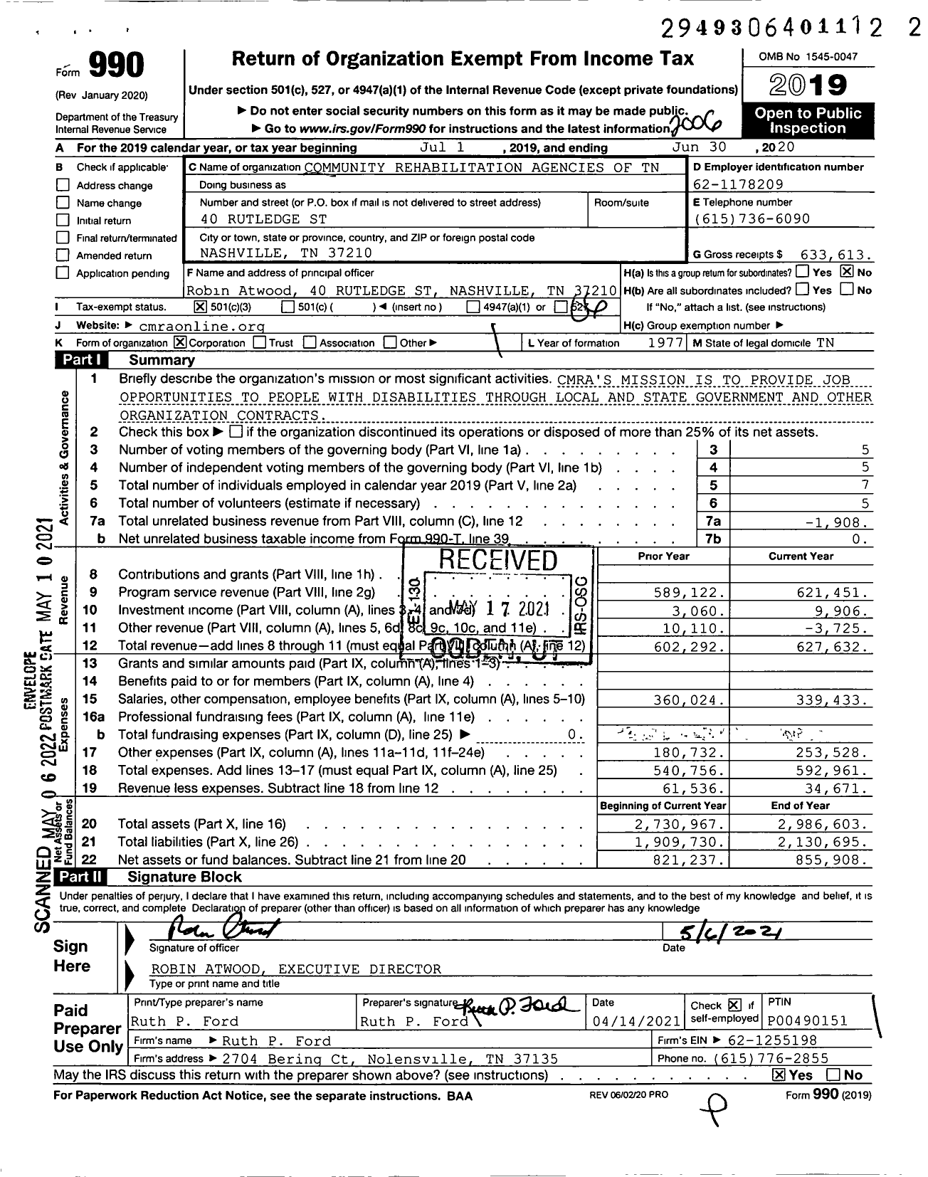 Image of first page of 2019 Form 990O for Community Rehabilitation Agencies of TN