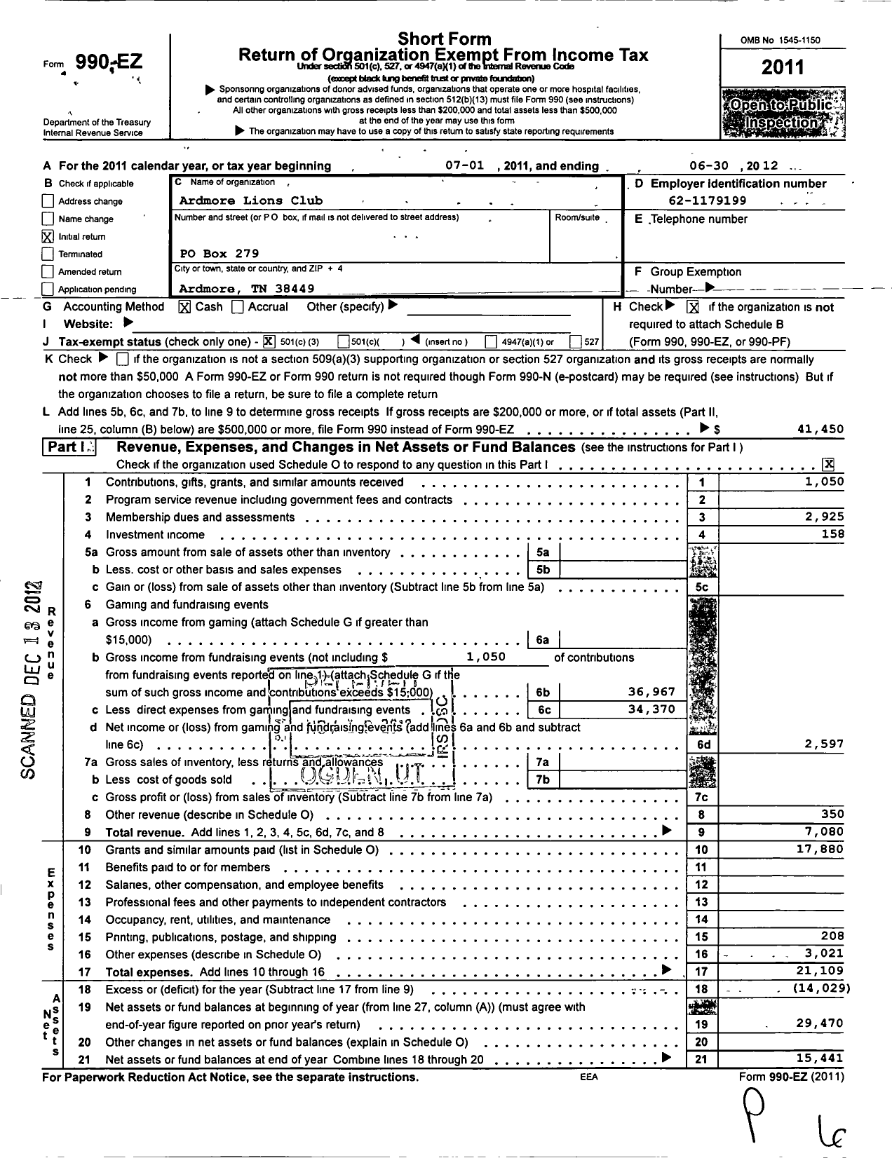 Image of first page of 2011 Form 990EZ for Lions Clubs - 4928 Ardmore