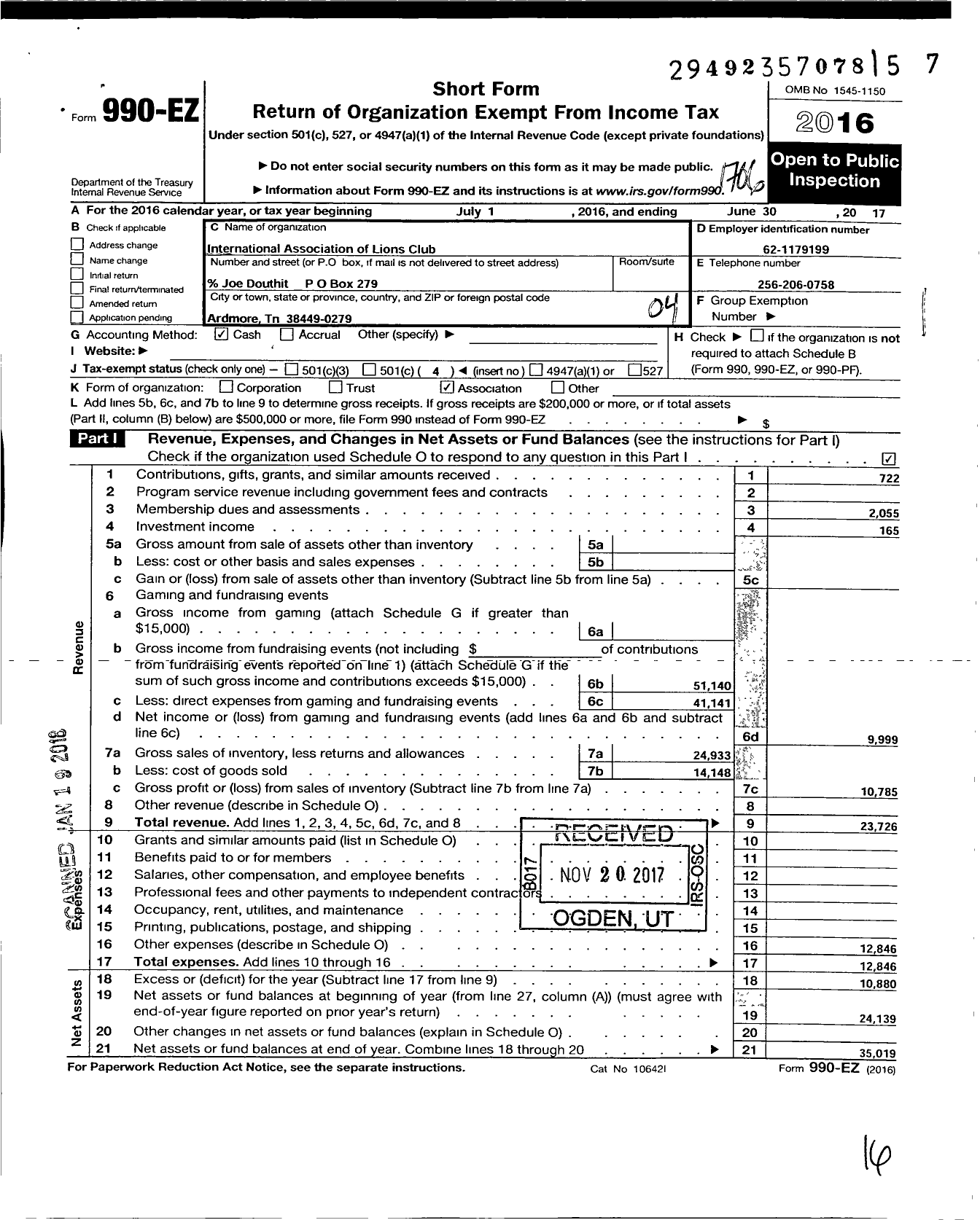 Image of first page of 2016 Form 990EO for Lions Clubs - 4928 Ardmore