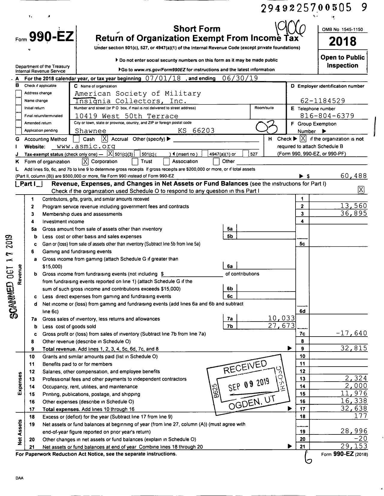 Image of first page of 2018 Form 990EZ for The American Society of Military Insignia Collectors