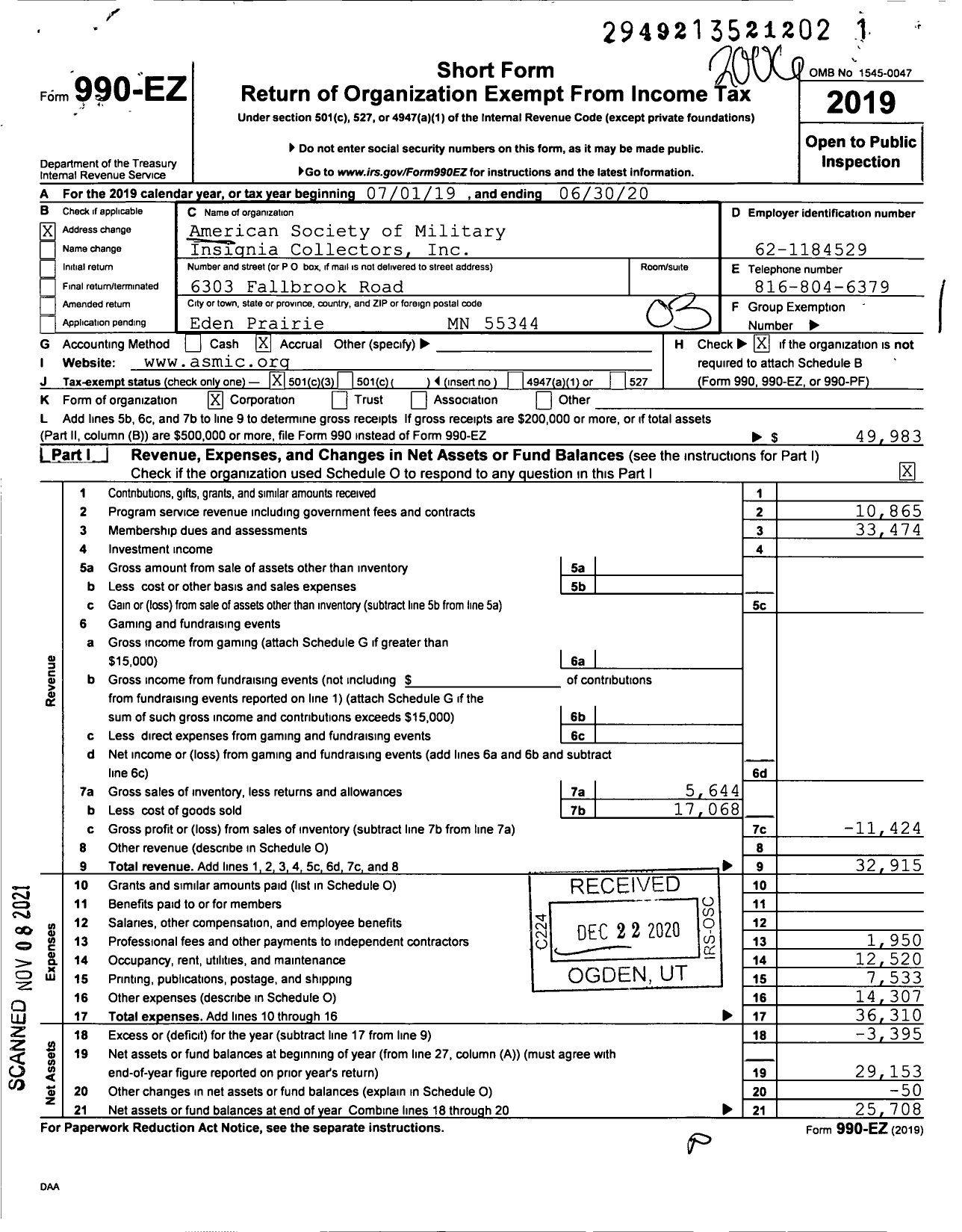 Image of first page of 2019 Form 990EZ for The American Society of Military Insignia Collectors