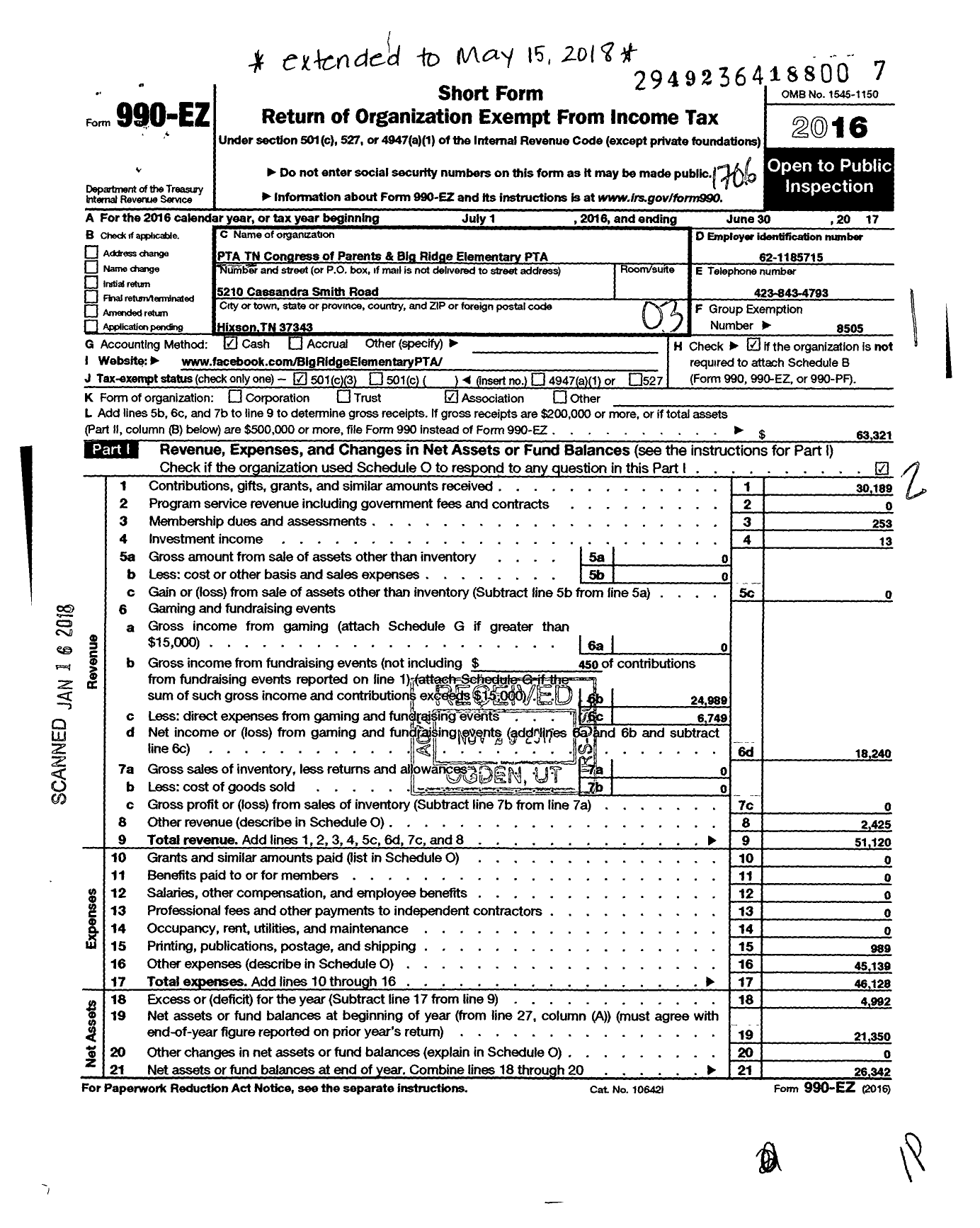 Image of first page of 2016 Form 990EZ for PTA Tennessee Congress of Parents and Teachers / Big Ridge Elem PTA