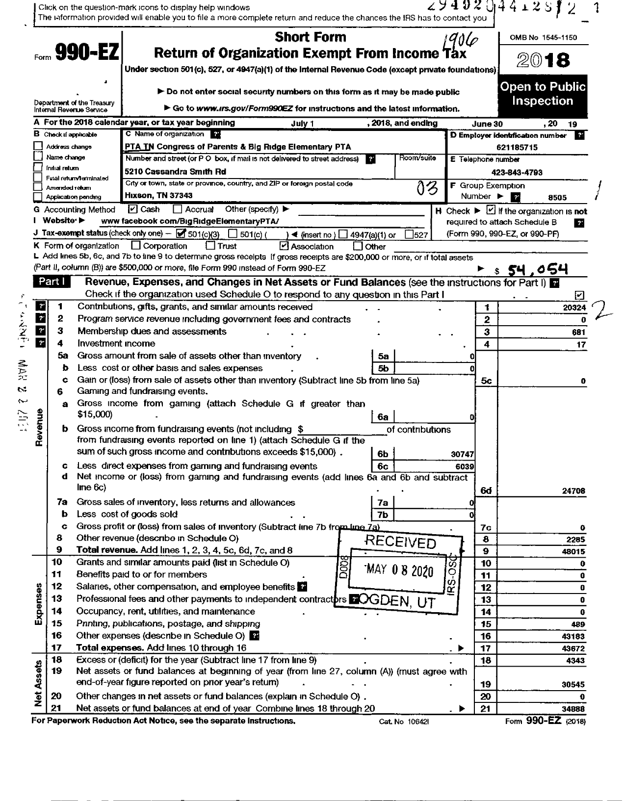 Image of first page of 2018 Form 990EZ for PTA Tennessee Congress of Parents and Teachers / Big Ridge Elem PTA