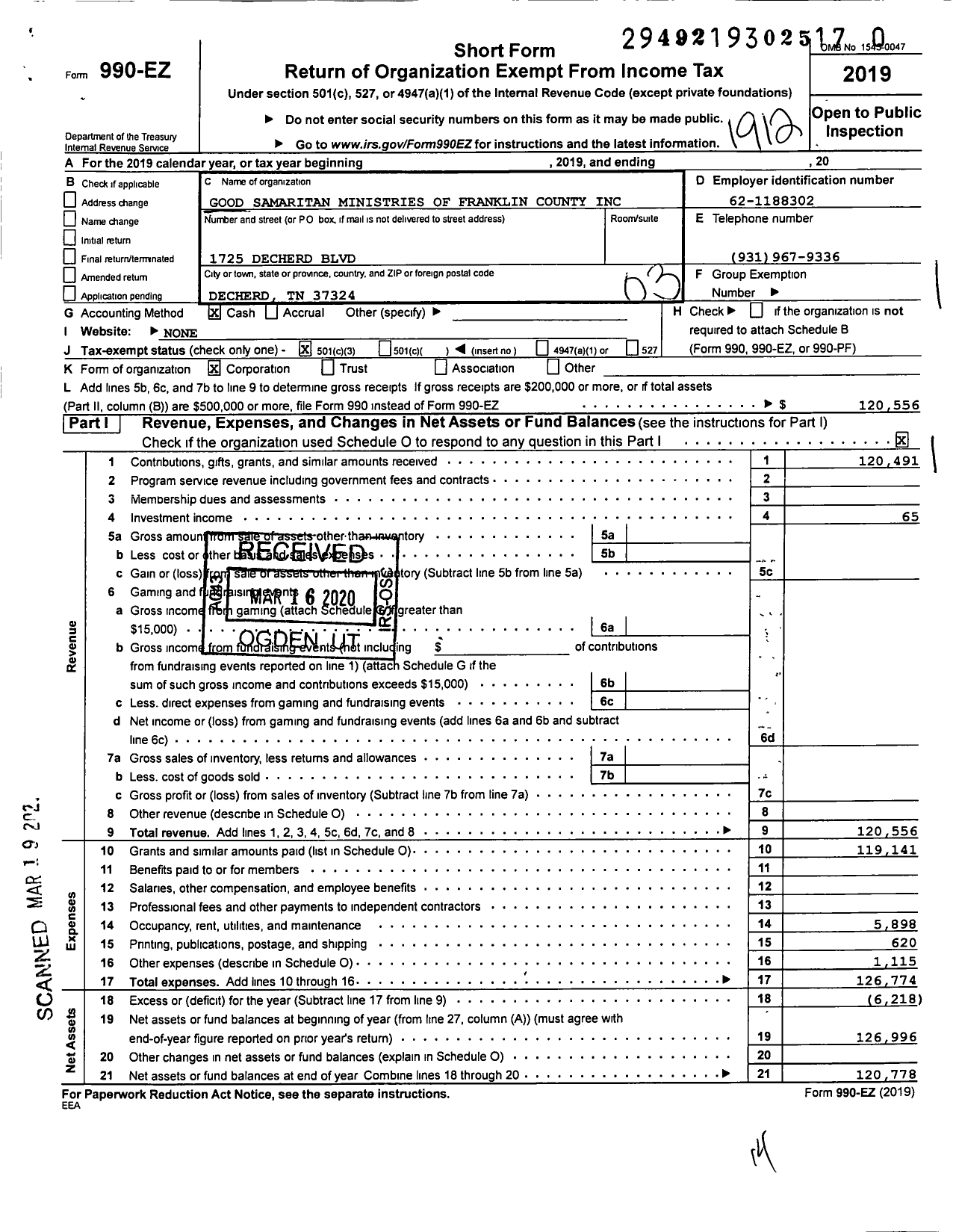 Image of first page of 2019 Form 990EZ for Good Samaritan Ministries of Franklin County