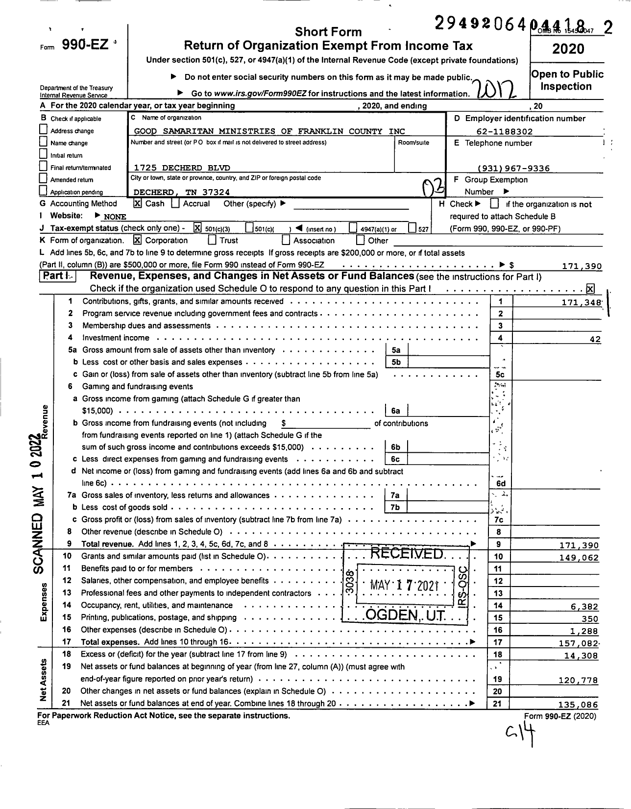 Image of first page of 2020 Form 990EZ for Good Samaritan Ministries of Franklin County