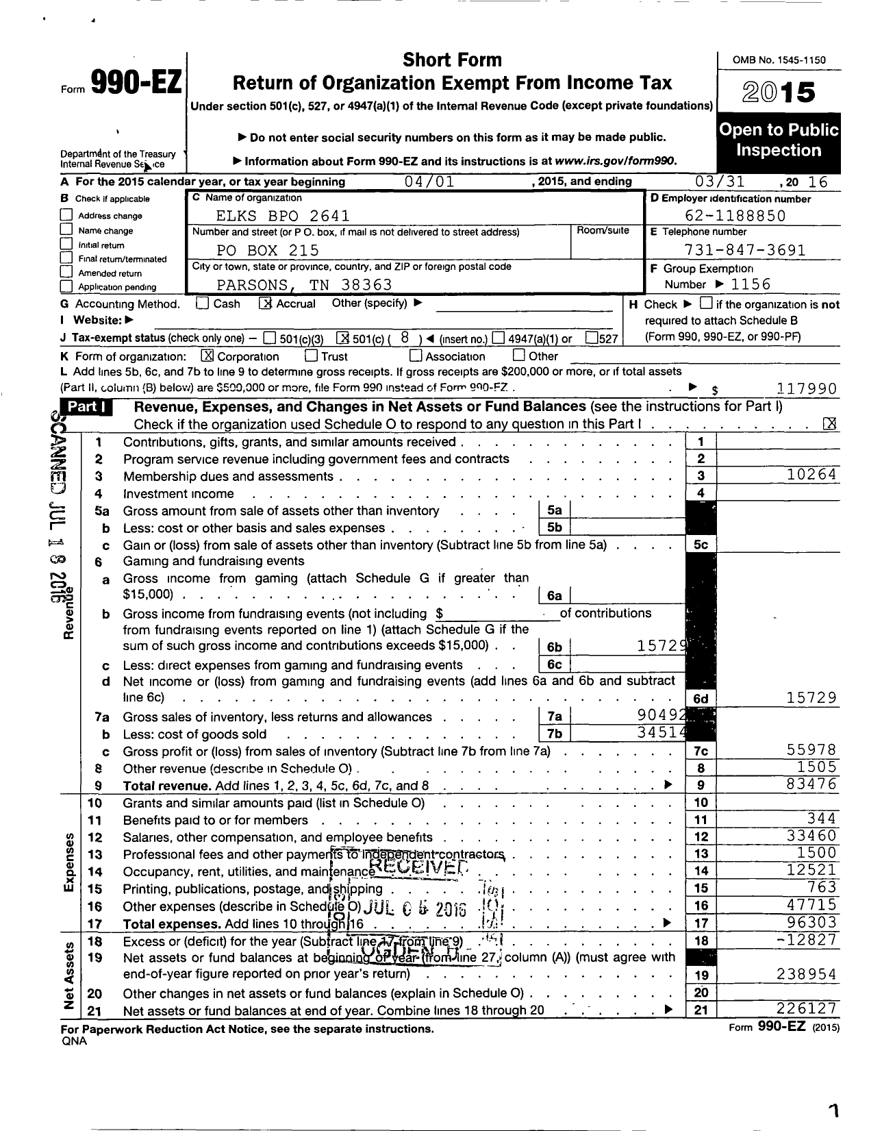 Image of first page of 2015 Form 990EO for Benevolent and Protective Order of Elks - 2641 Decatur County