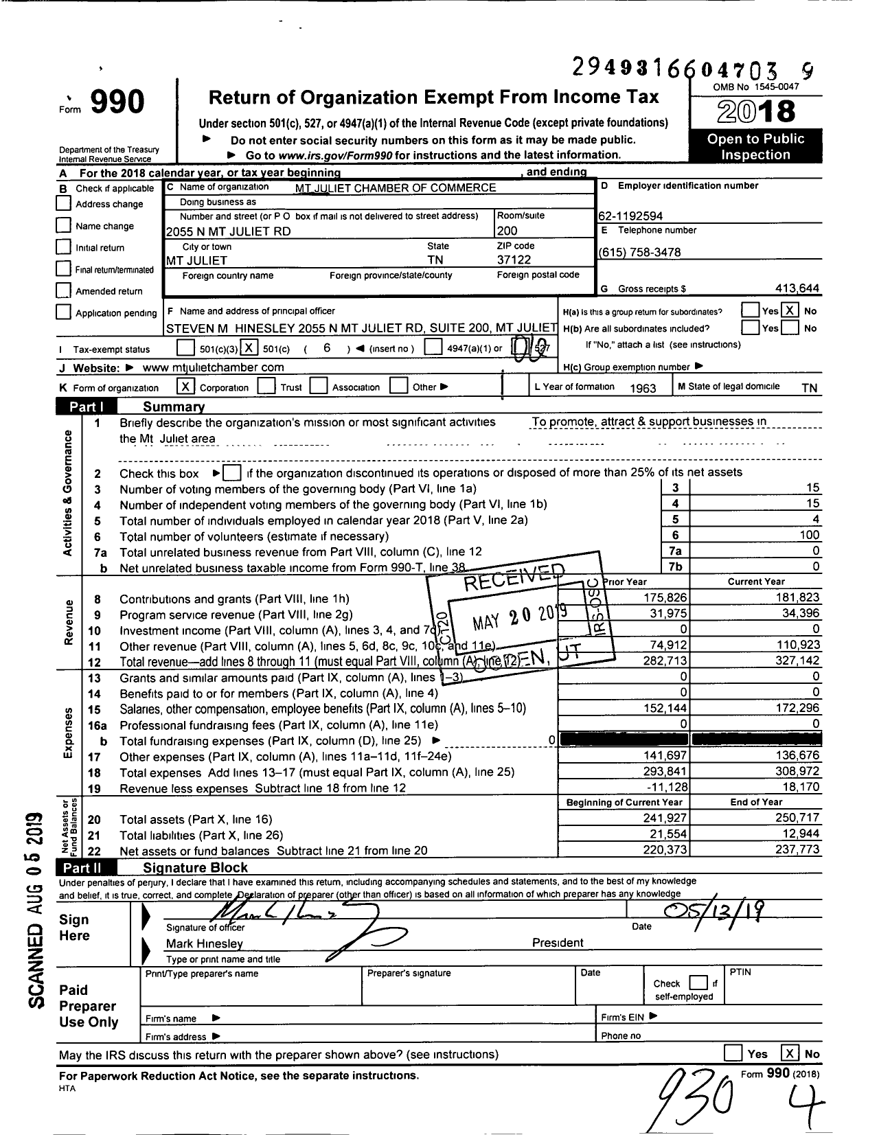 Image of first page of 2018 Form 990O for MT Juliet Chamber of Commerce