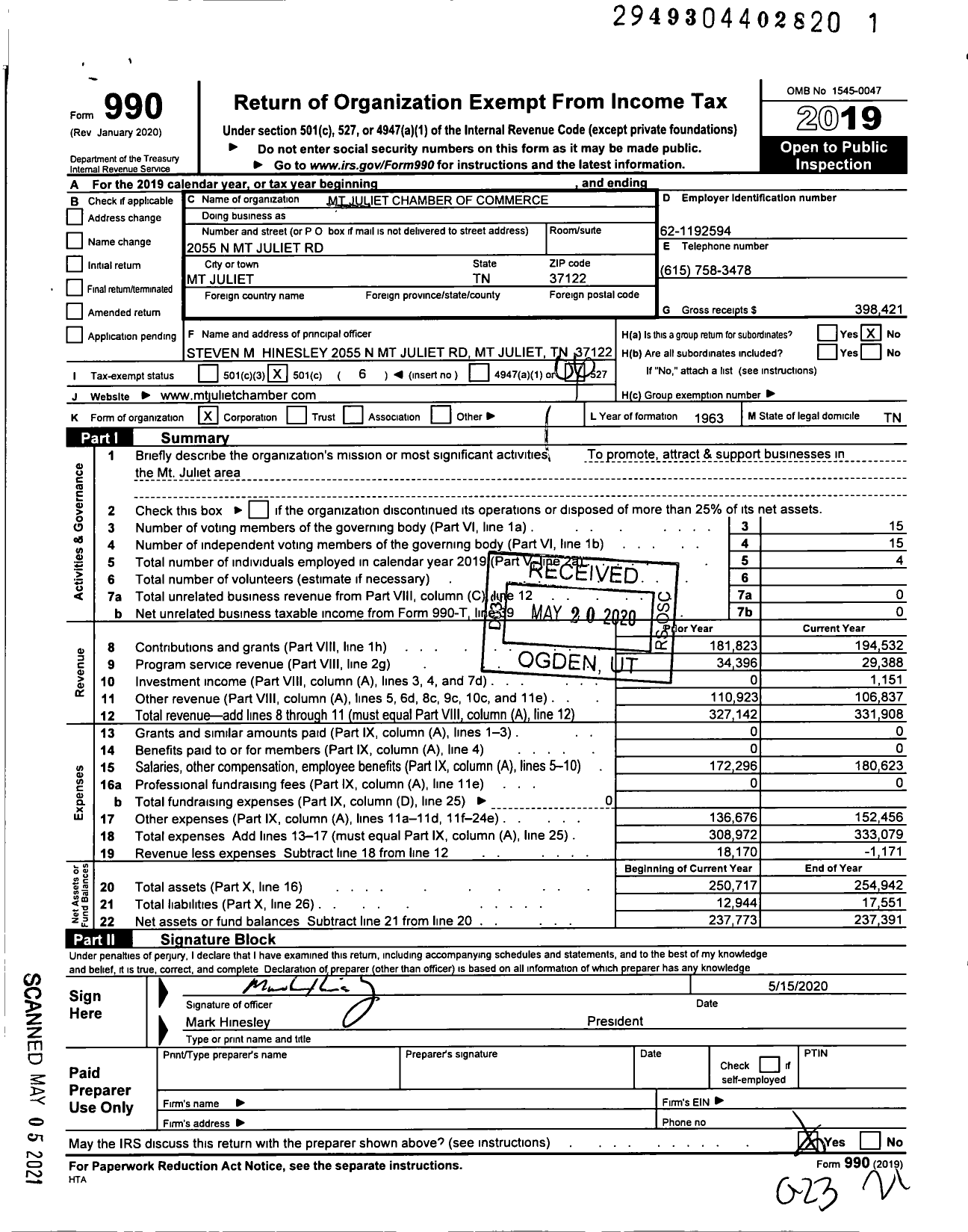 Image of first page of 2019 Form 990O for MT Juliet Chamber of Commerce