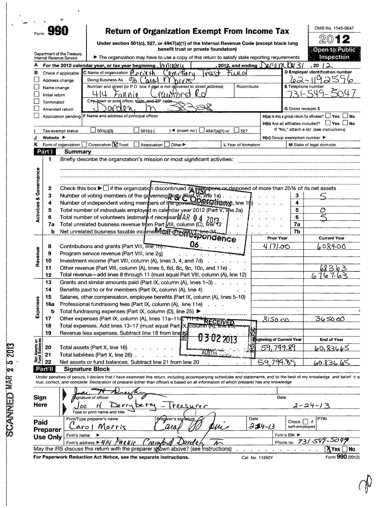 Image of first page of 2012 Form 990O for Corinth Baptist Ch Cemetary Trust