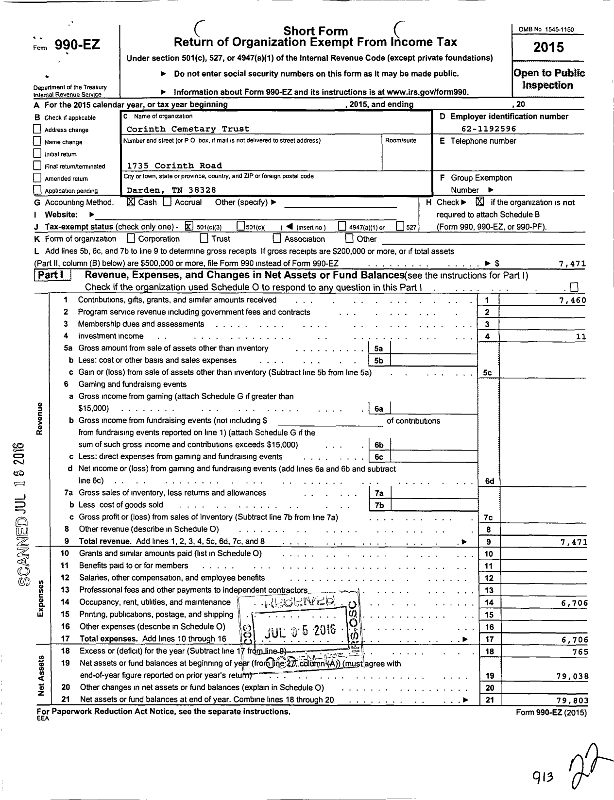 Image of first page of 2015 Form 990EZ for Corinth Baptist Ch Cemetary Trust