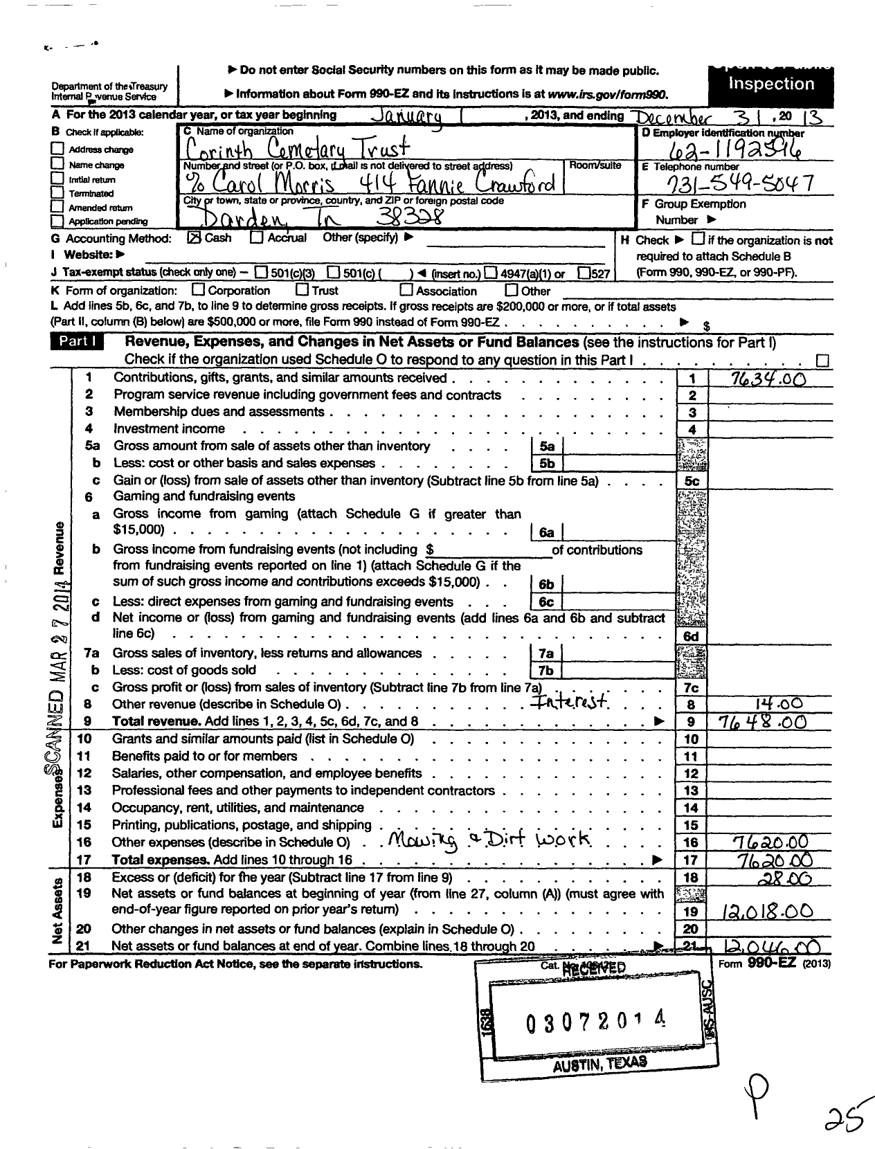 Image of first page of 2013 Form 990EO for Corinth Baptist Ch Cemetary Trust