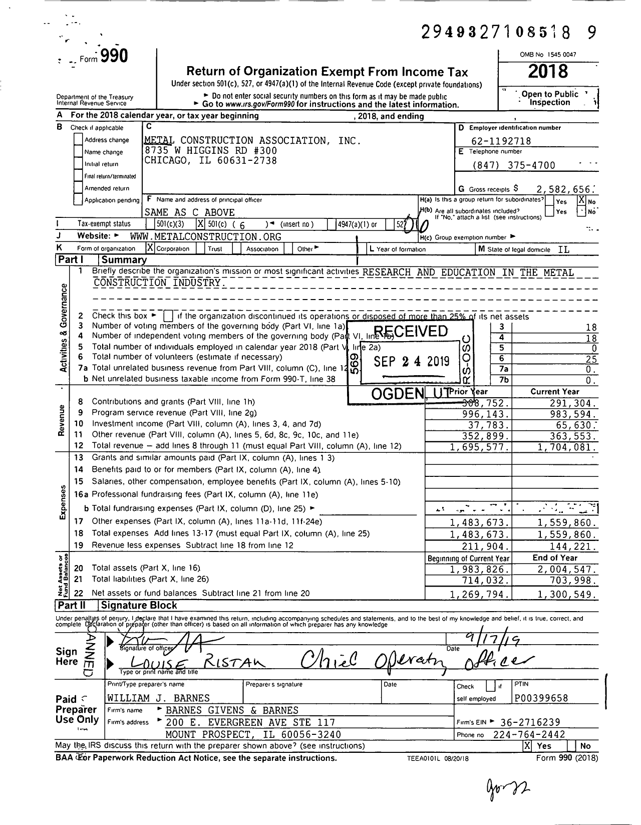 Image of first page of 2018 Form 990O for Metal Construction Association (MCA)