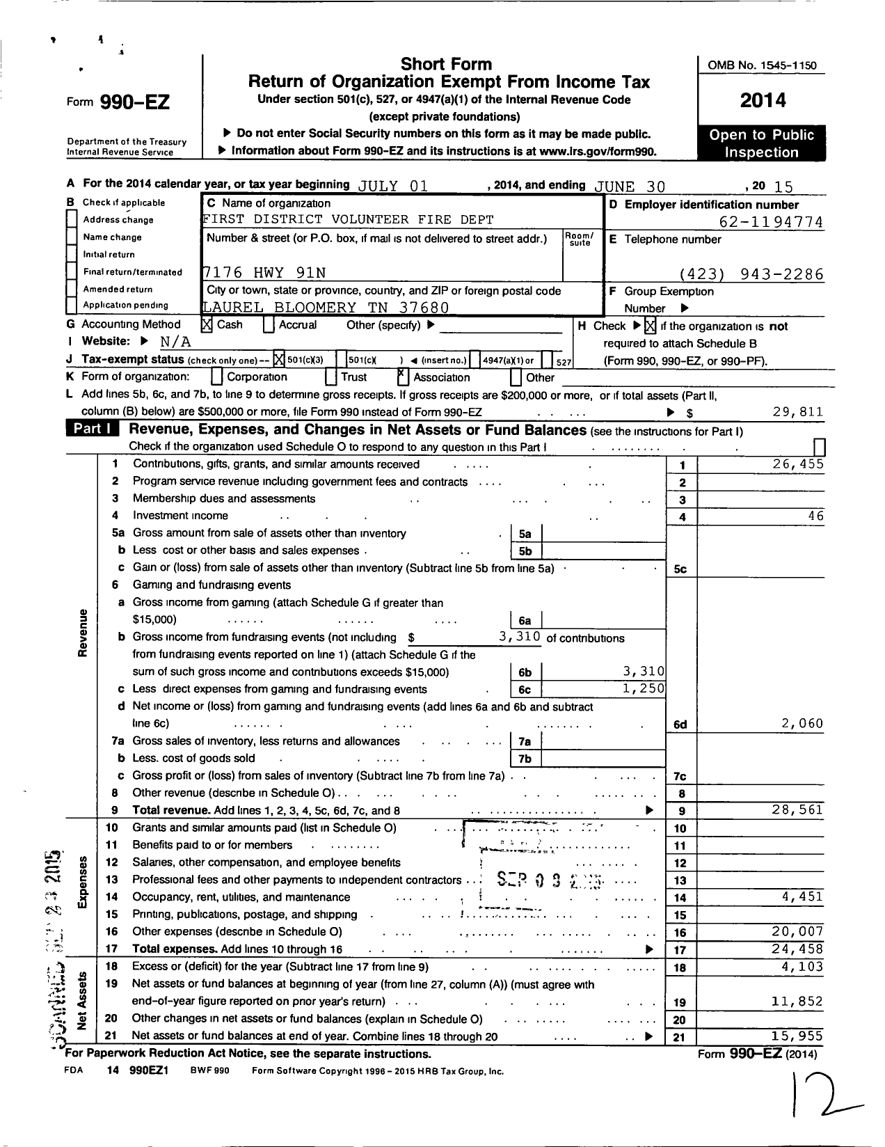 Image of first page of 2014 Form 990EZ for First District Voluntary Fire Dept