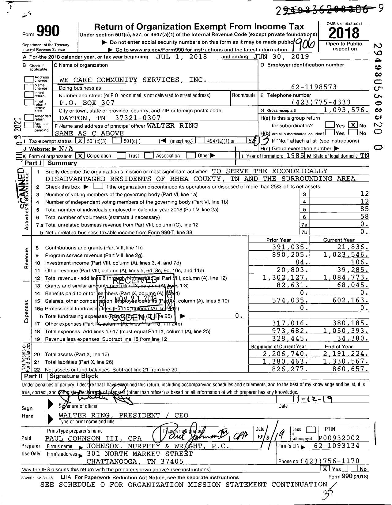 Image of first page of 2018 Form 990 for We Care Community Services