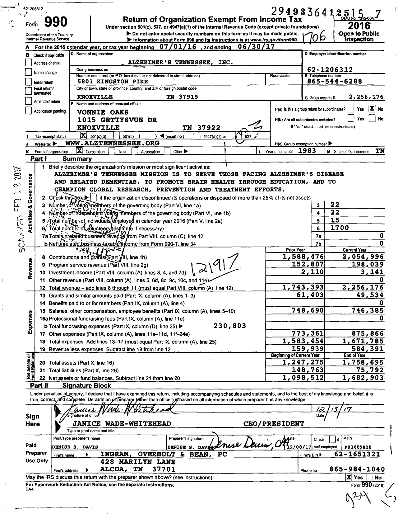 Image of first page of 2016 Form 990 for Alzheimer's Tennessee