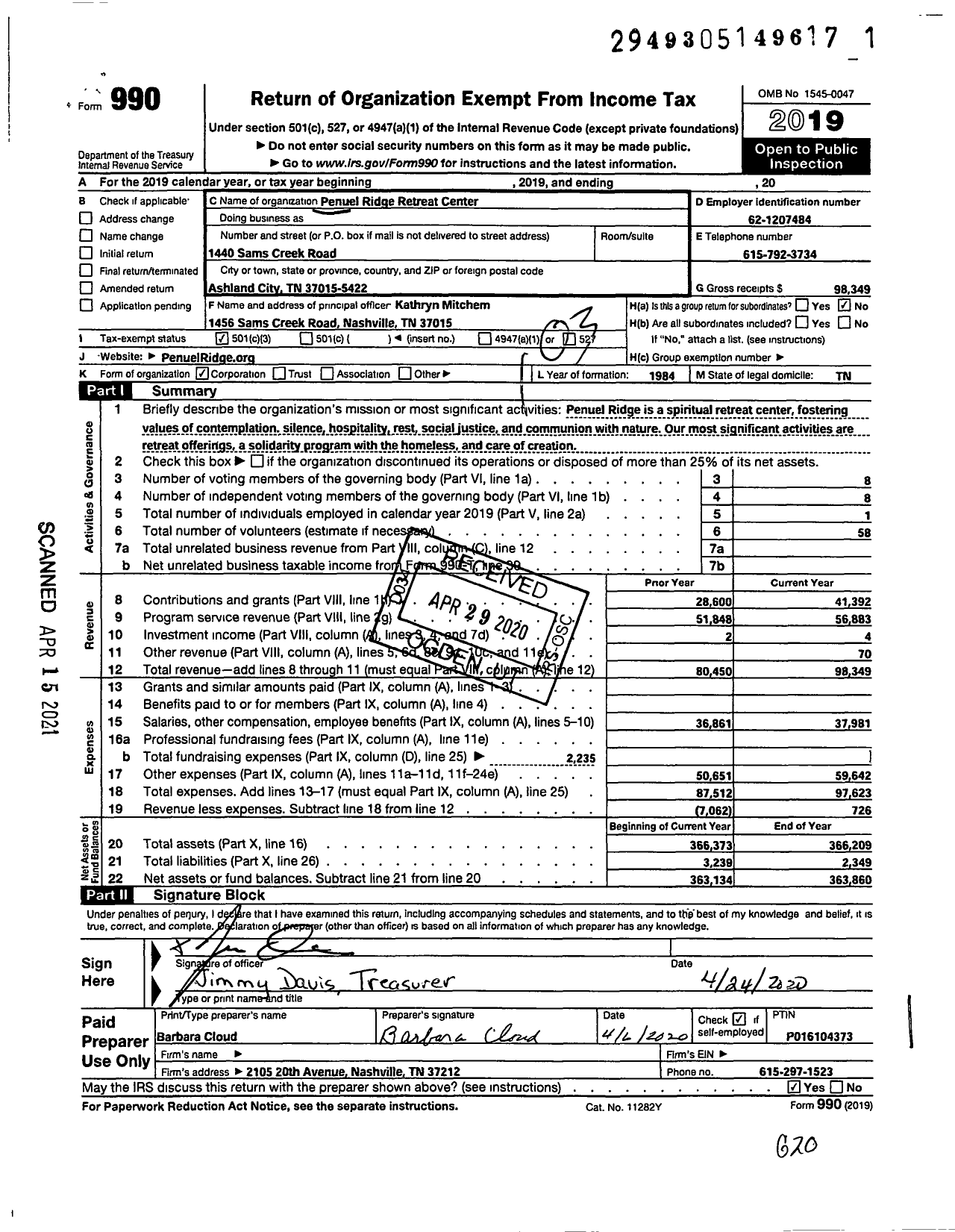 Image of first page of 2019 Form 990 for Penuel Ridge Retreat Center