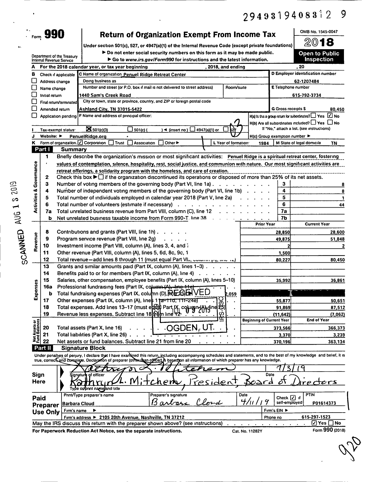 Image of first page of 2018 Form 990 for Penuel Ridge Retreat Center