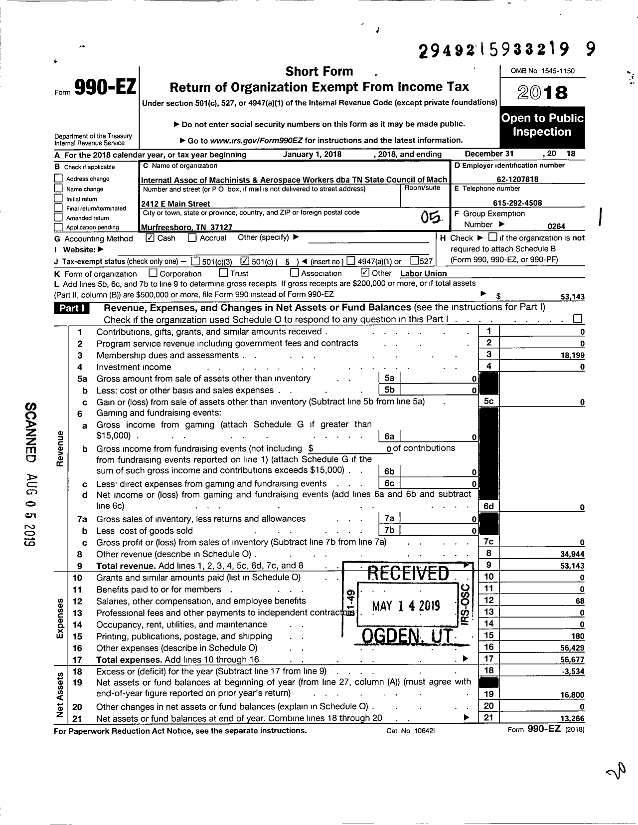 Image of first page of 2018 Form 990EO for International Association of Machinists and Aerospace Workers - TN State