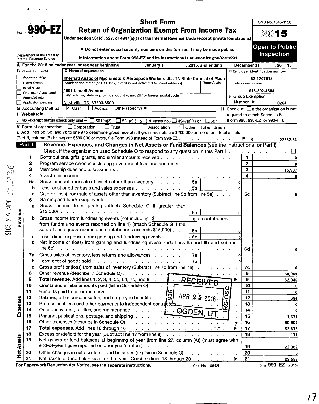 Image of first page of 2015 Form 990EO for International Association of Machinists and Aerospace Workers - TN State