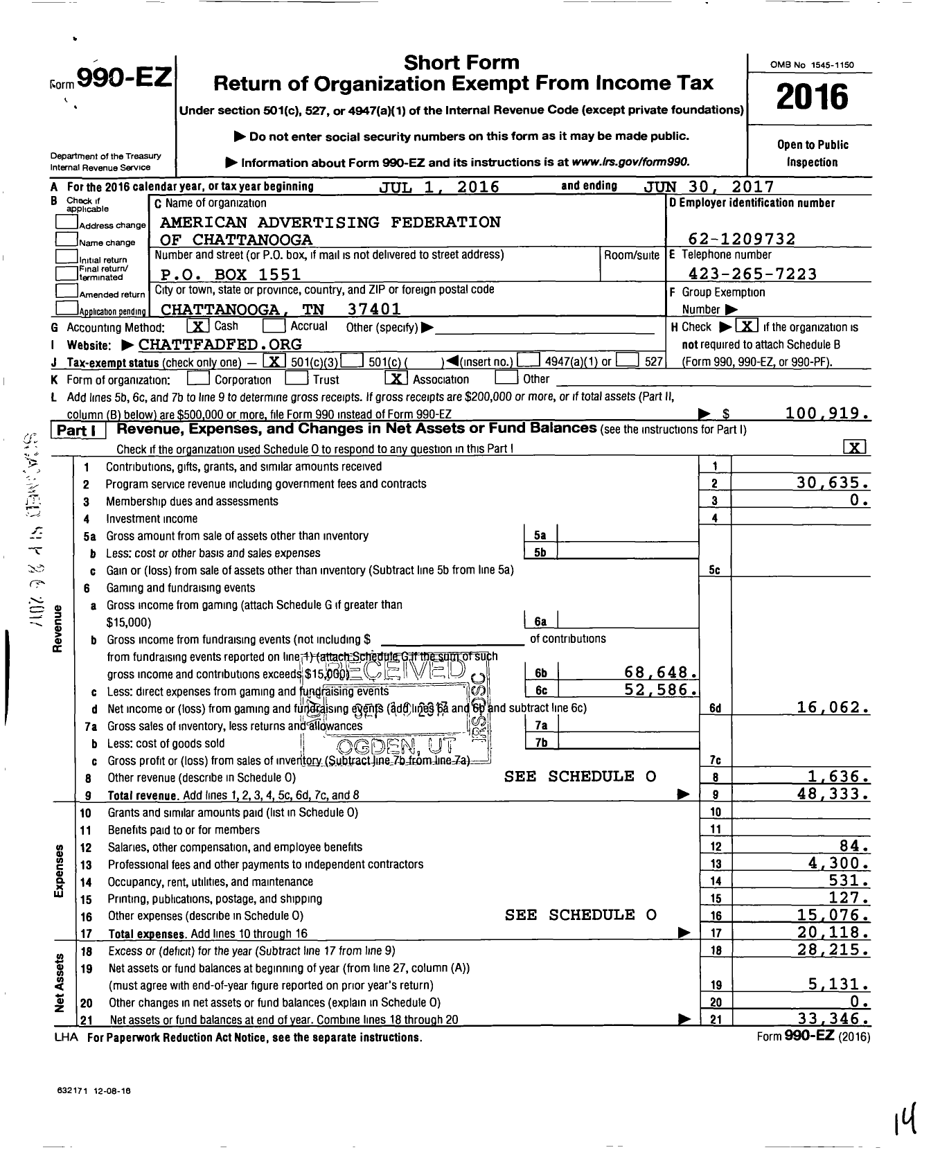 Image of first page of 2016 Form 990EZ for American Advertising Federation of Chattanooga