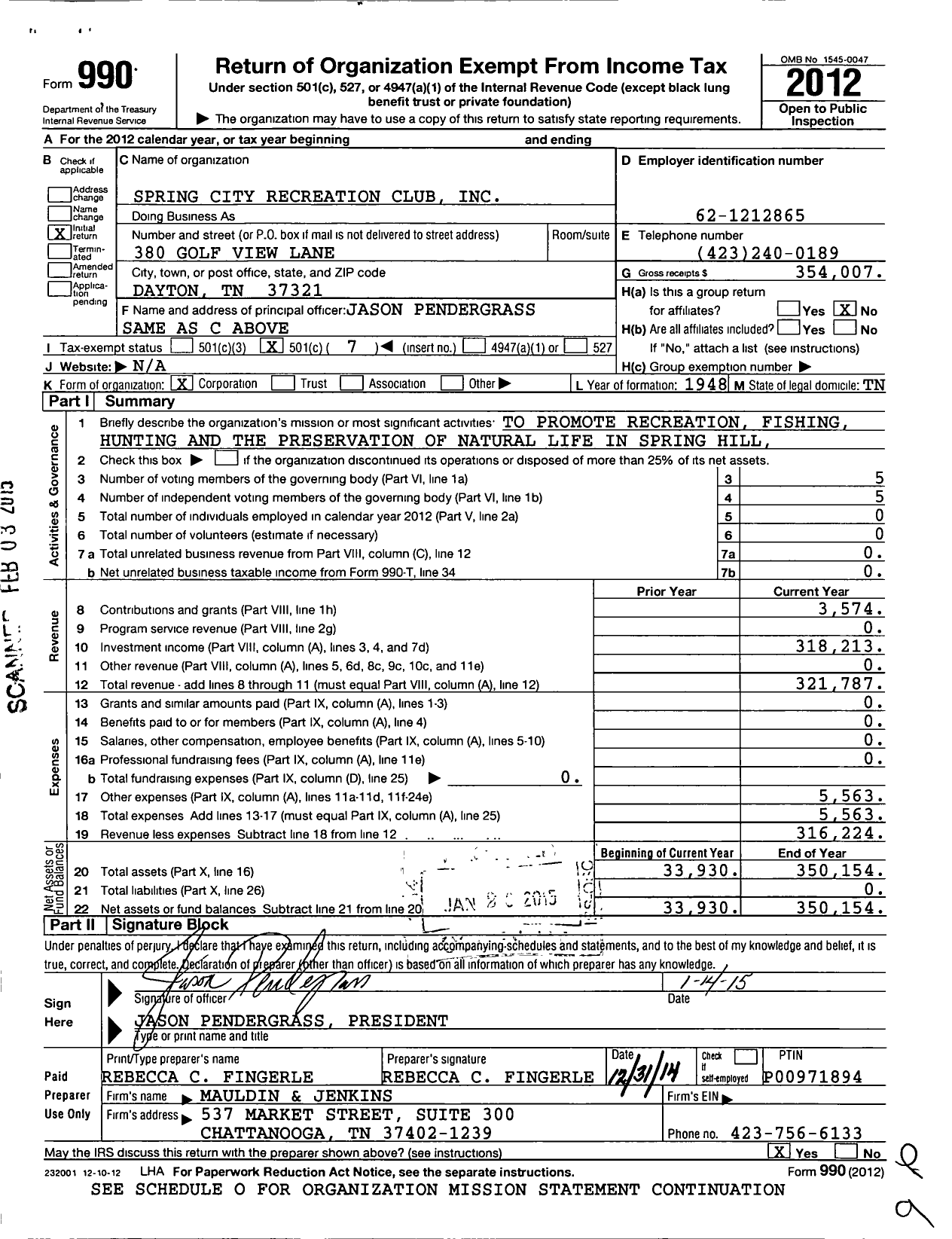 Image of first page of 2012 Form 990O for Spring City Recreation Club