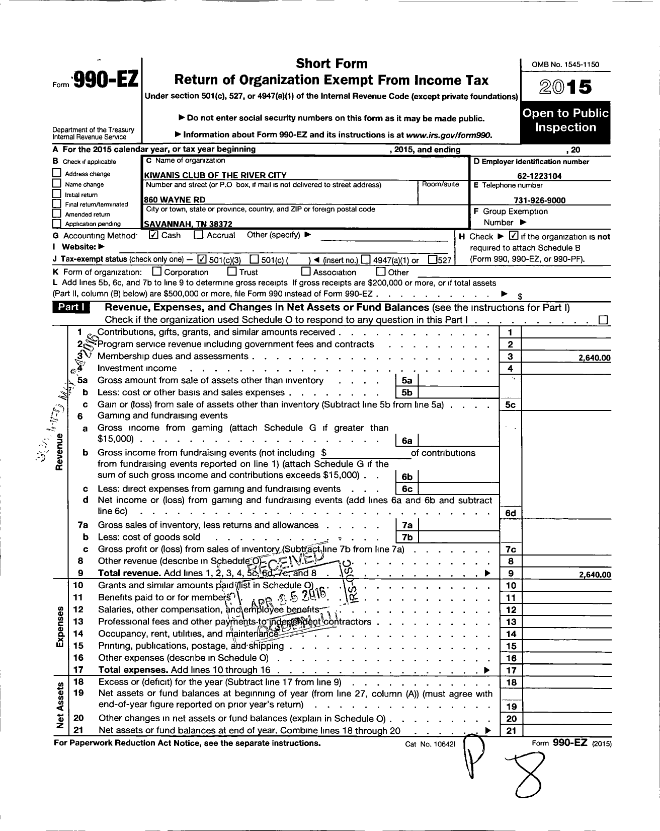 Image of first page of 2015 Form 990EZ for Kiwanis International - K11384 River City Savannah