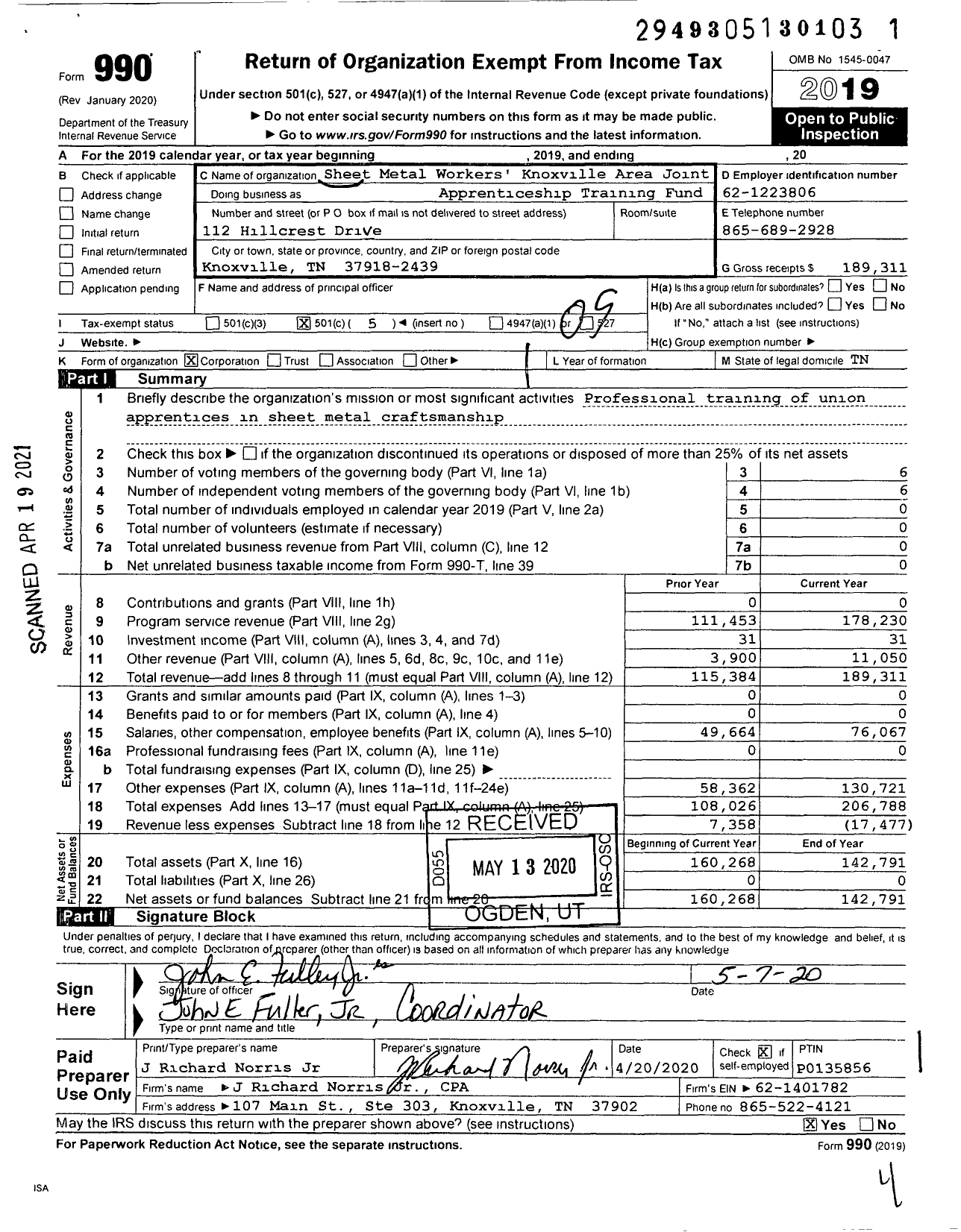 Image of first page of 2019 Form 990O for Sheet Metal Workers' Local Union #5