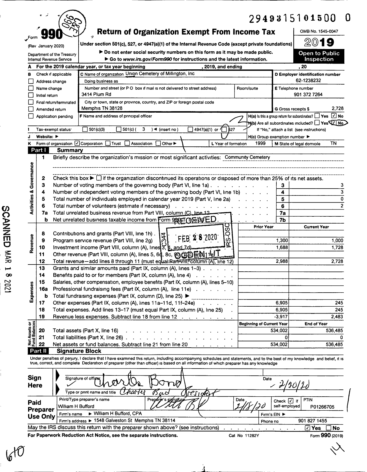 Image of first page of 2019 Form 990 for Union Cemetery of Millington