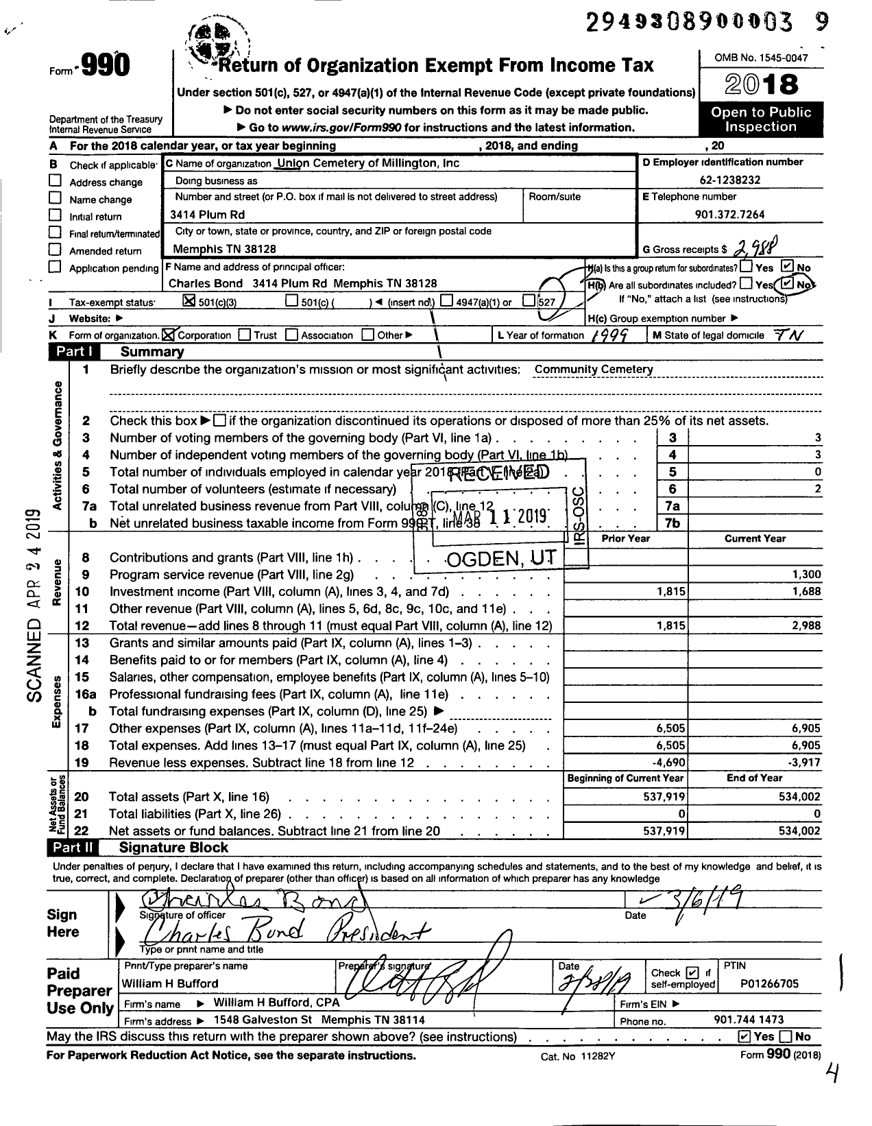 Image of first page of 2018 Form 990 for Union Cemetery of Millington