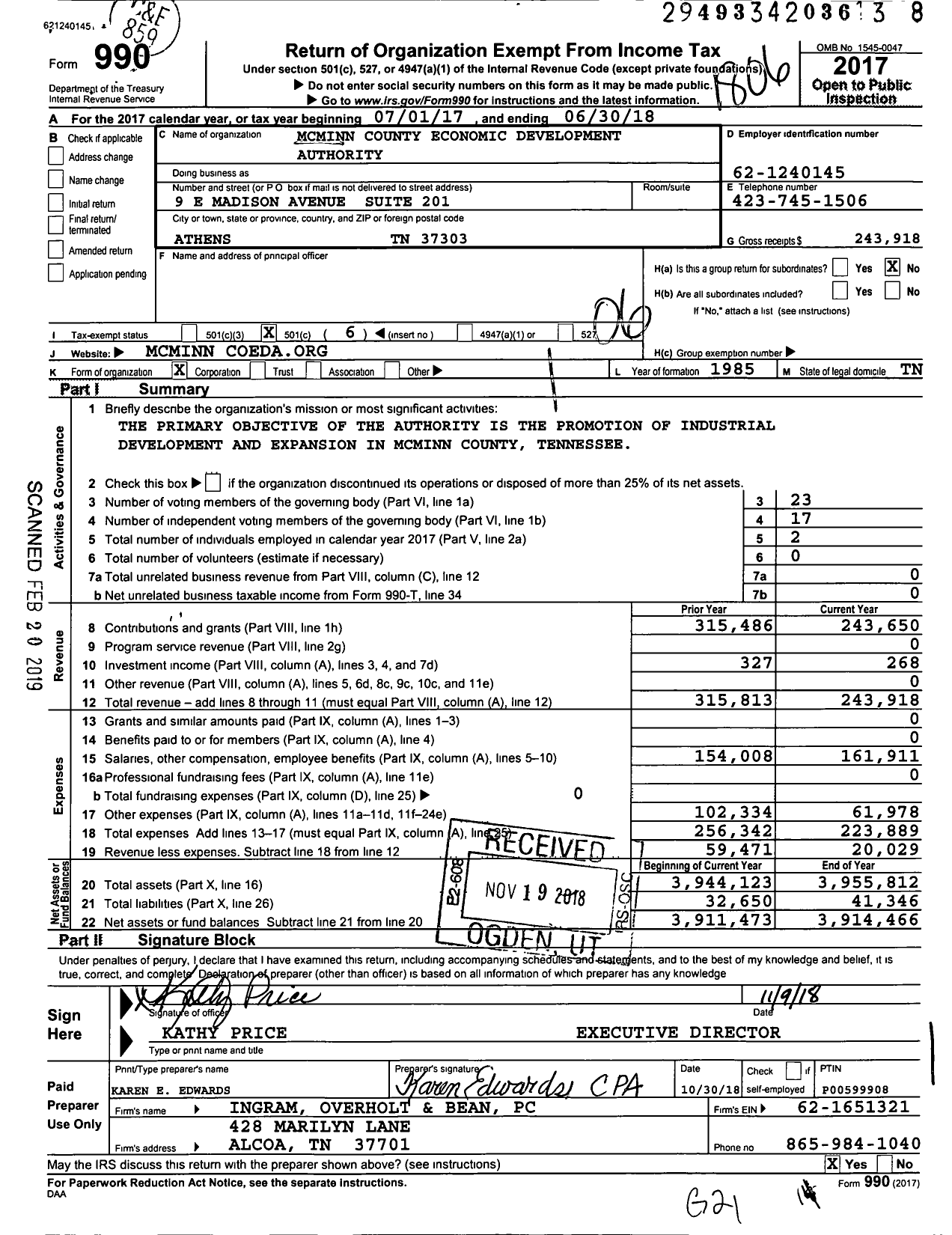 Image of first page of 2017 Form 990O for Mcminn County Economic Development Authority