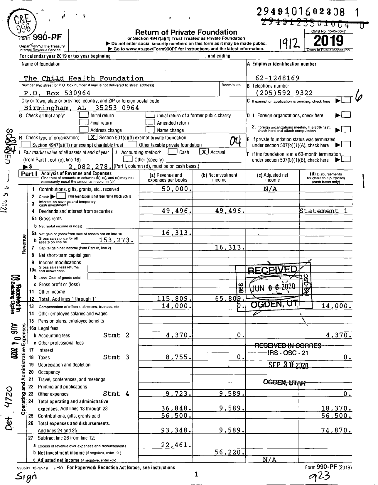 Image of first page of 2019 Form 990PF for The Child Health Foundation