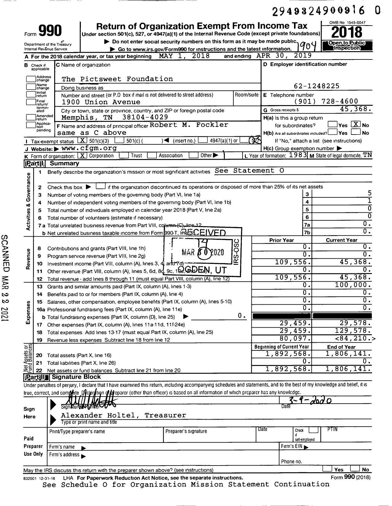 Image of first page of 2018 Form 990 for The Pictsweet Foundation