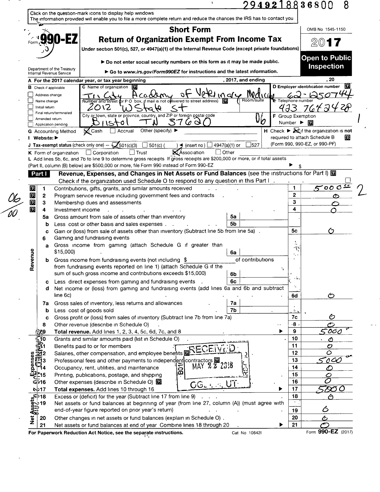 Image of first page of 2017 Form 990EO for Tri-City Academy of Veterinary Medicine