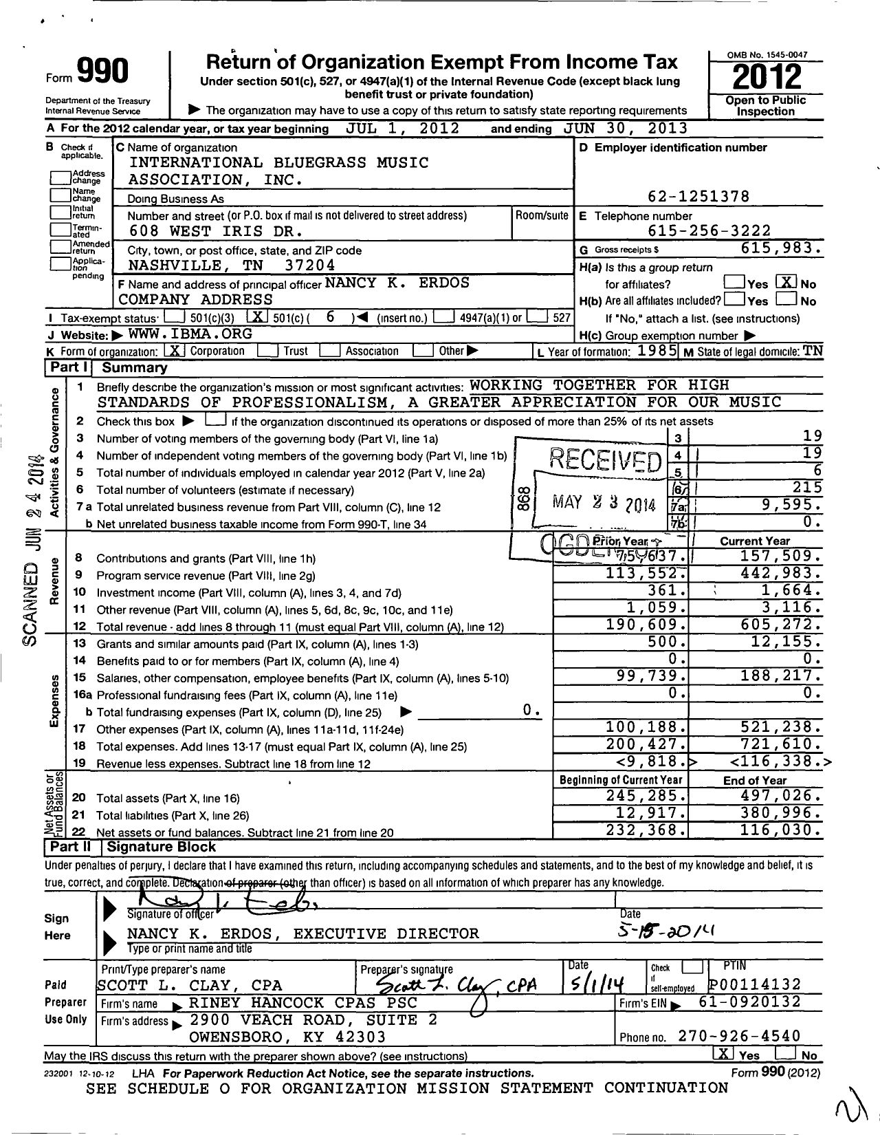 Image of first page of 2012 Form 990O for International Bluegrass Music Association