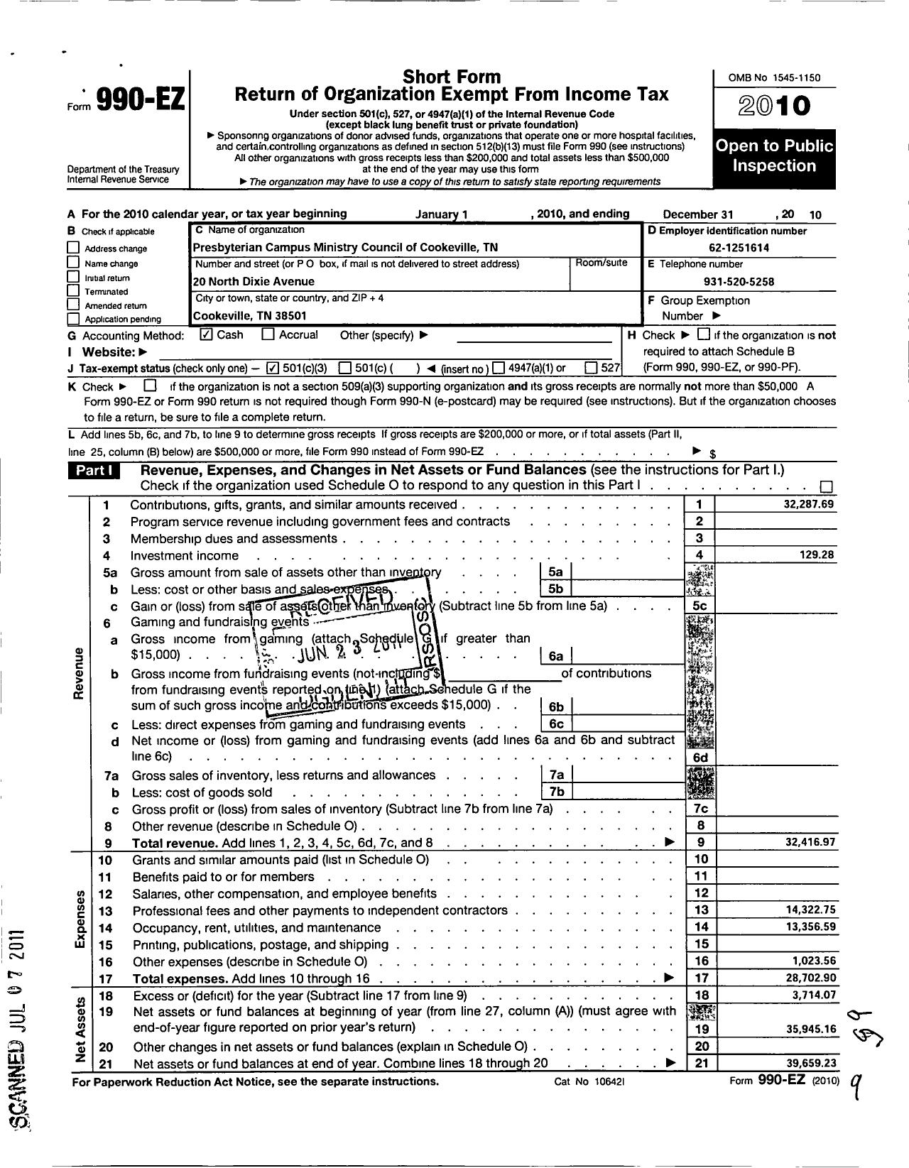 Image of first page of 2010 Form 990EZ for Presbyterian Campus Ministry