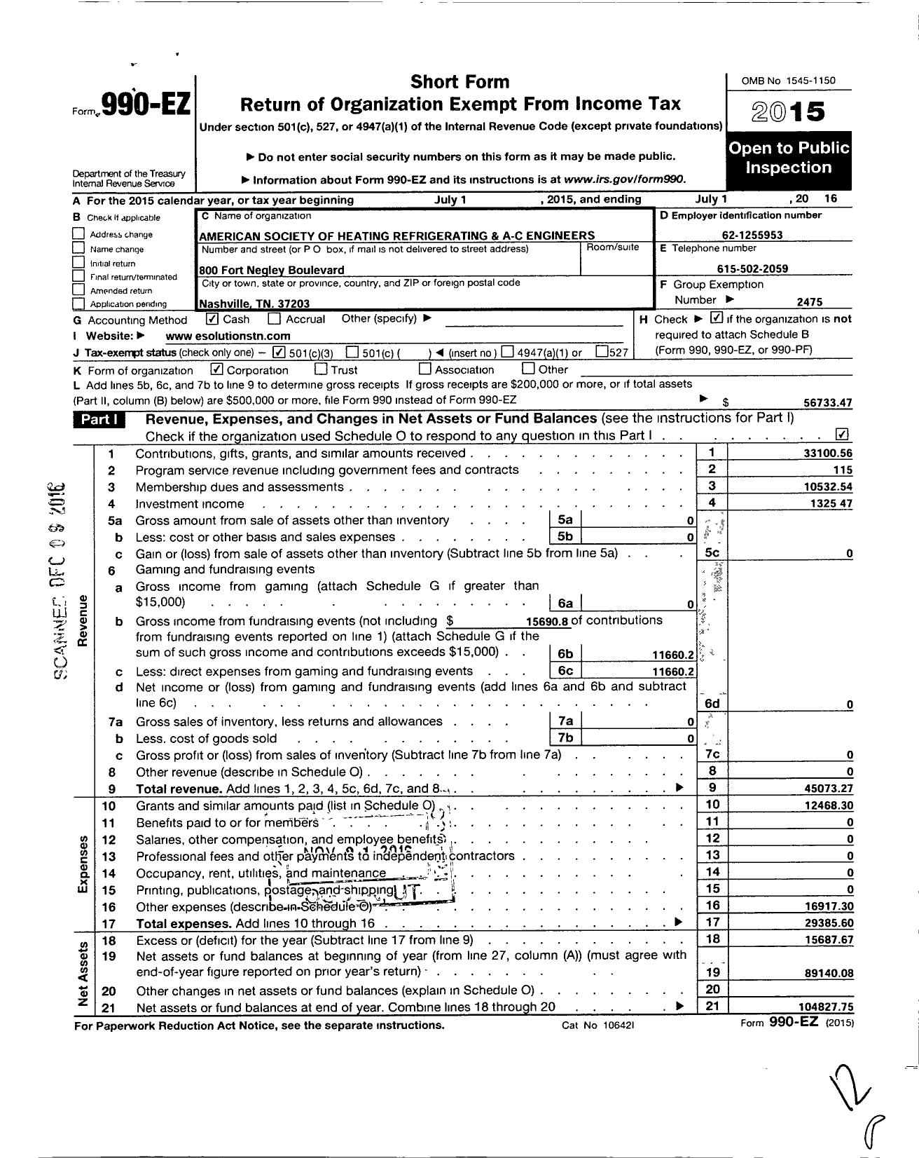 Image of first page of 2015 Form 990EZ for American Society of Heating Refrigerating and A-C Engineers / Nashville