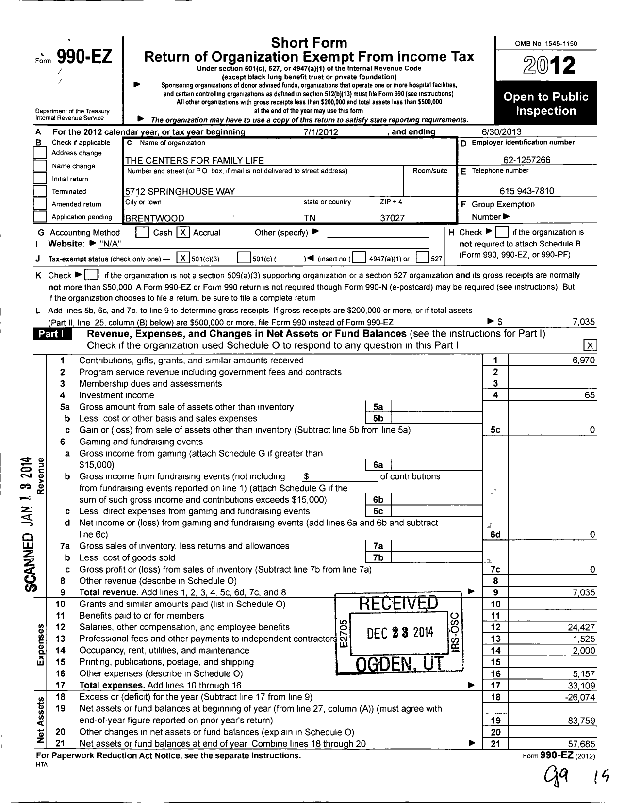 Image of first page of 2012 Form 990EZ for The Centers for Family Life