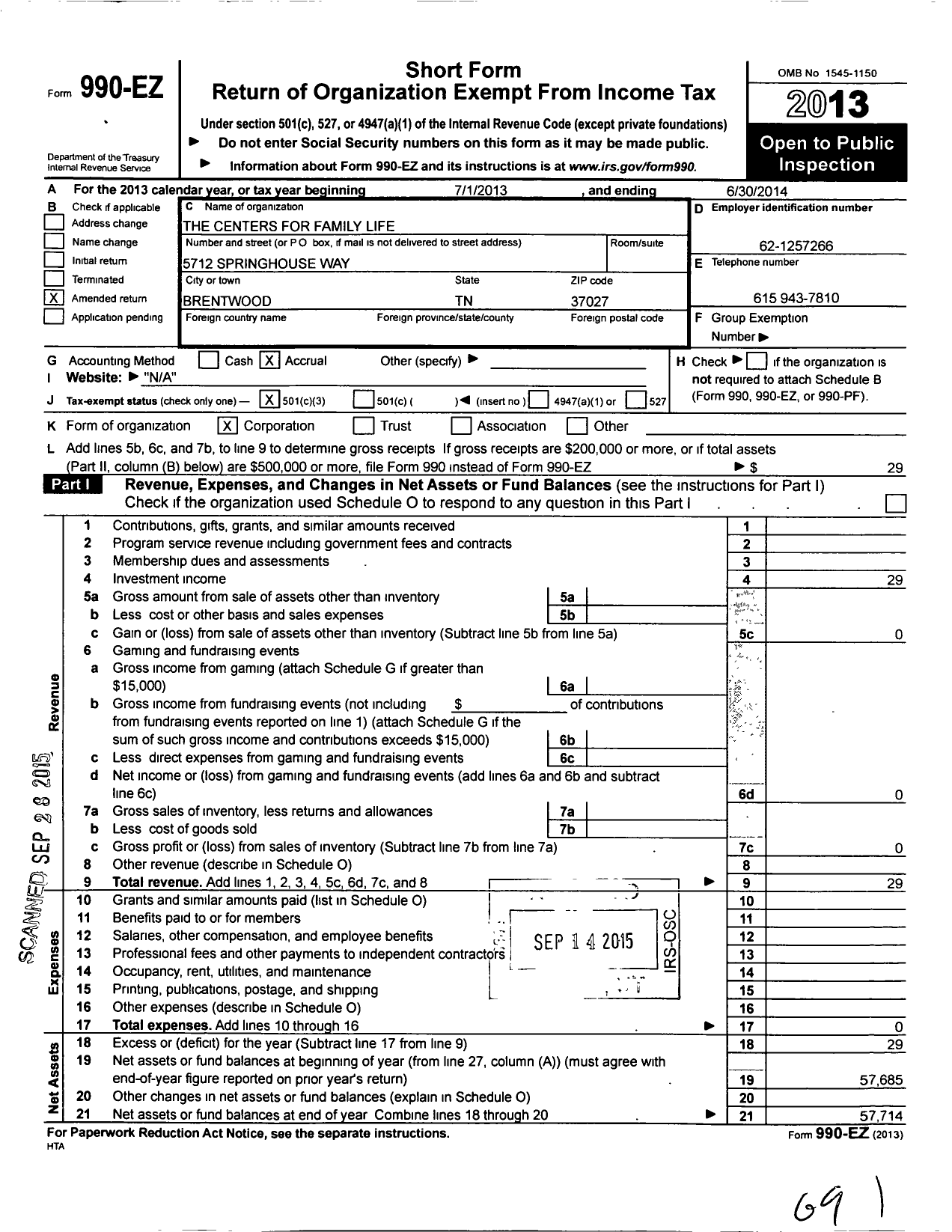 Image of first page of 2013 Form 990EZ for The Centers for Family Life