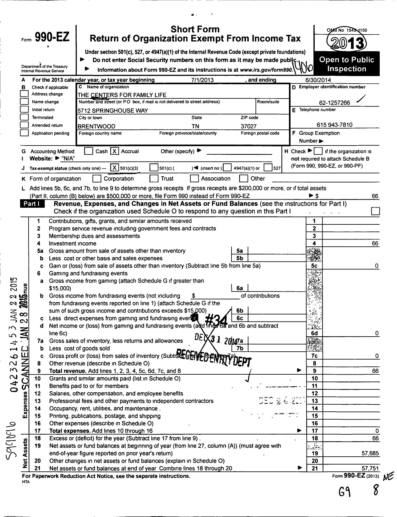 Image of first page of 2013 Form 990EZ for The Centers for Family Life