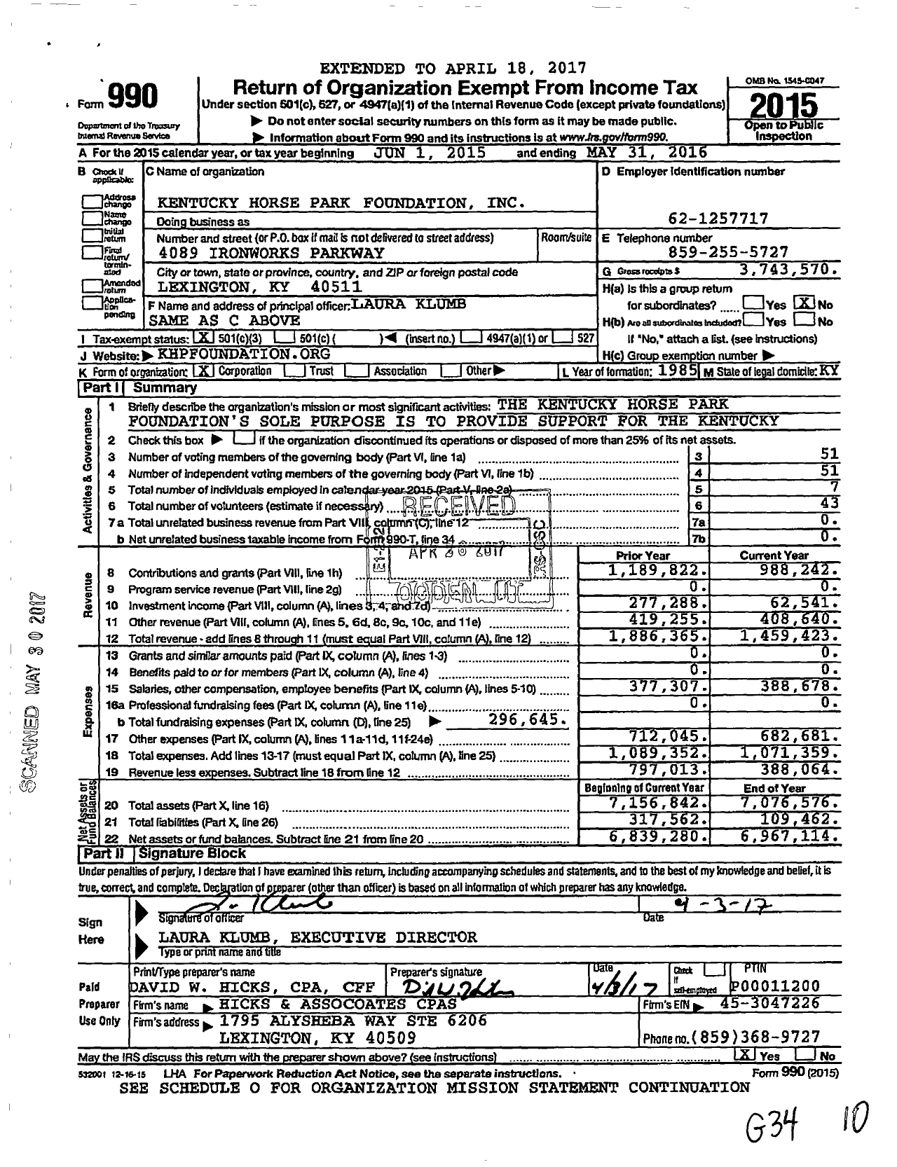 Image of first page of 2015 Form 990 for Kentucky Horse Park Foundation