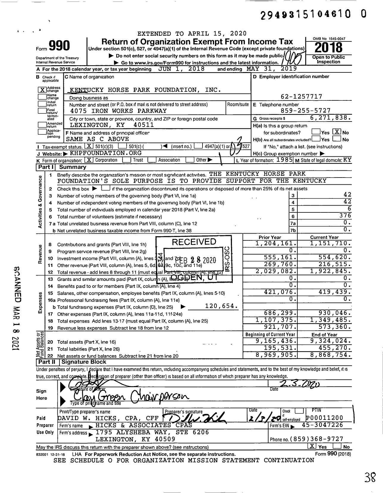 Image of first page of 2018 Form 990 for Kentucky Horse Park Foundation