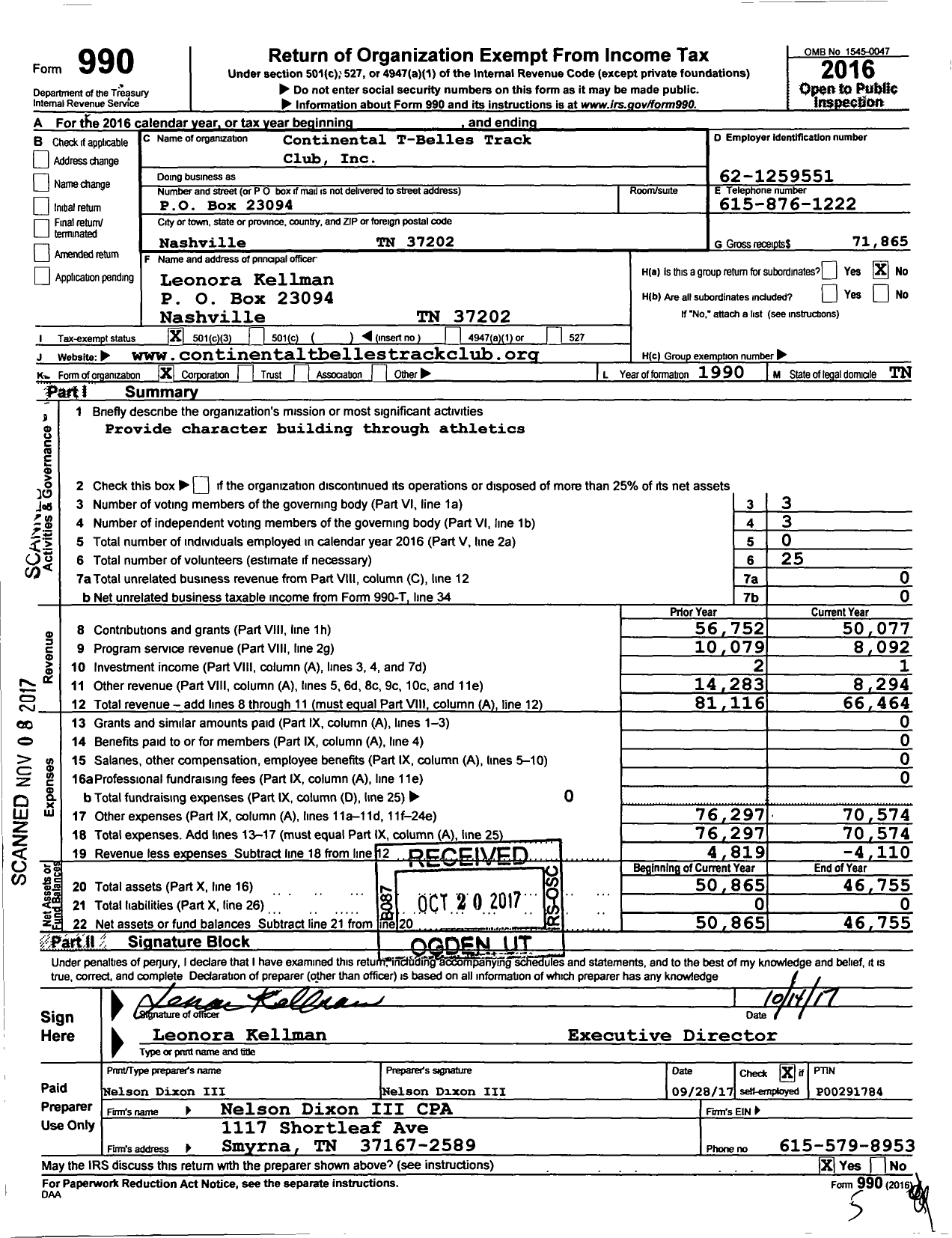 Image of first page of 2016 Form 990 for Continental T-Belles Track Club