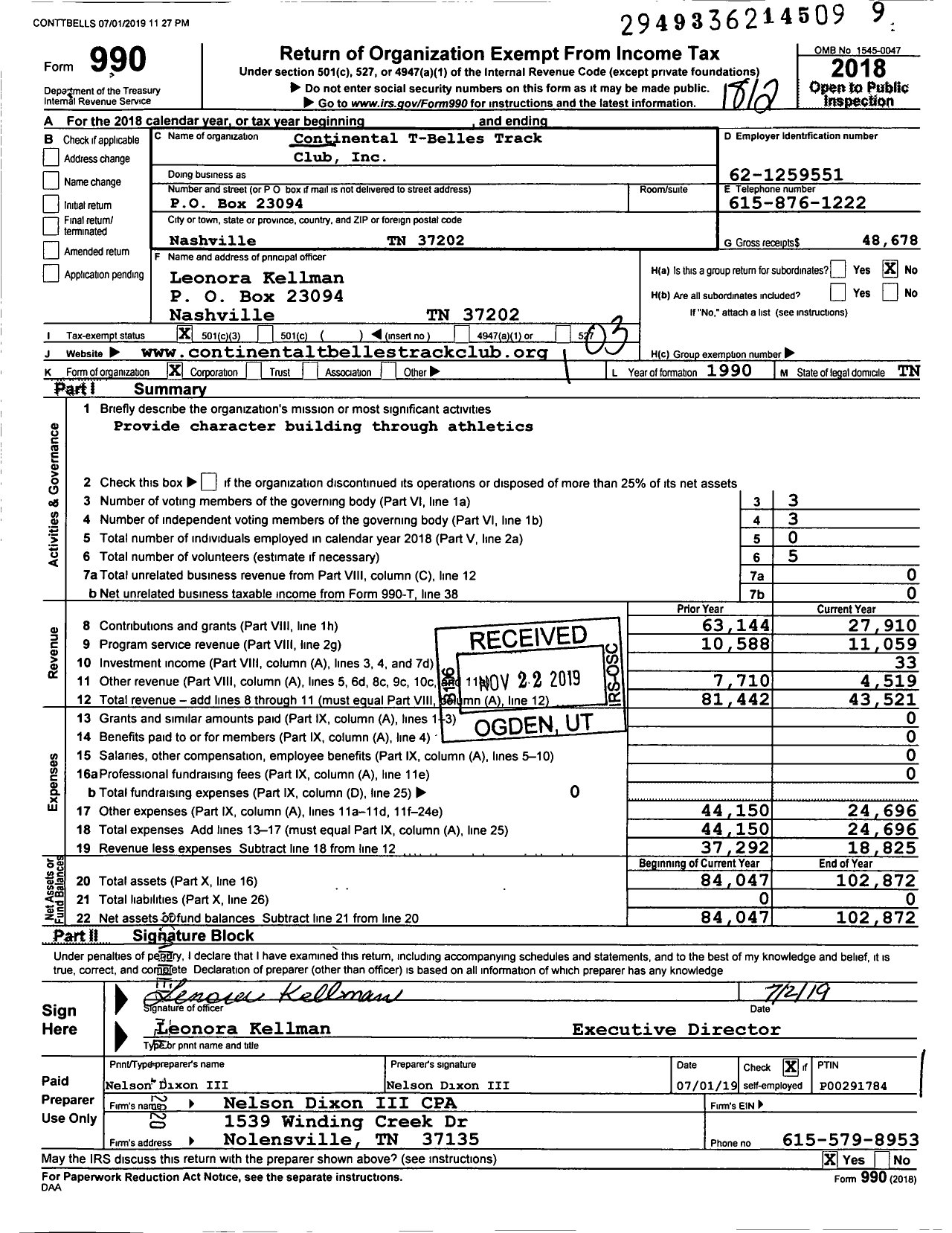 Image of first page of 2018 Form 990 for Continental T Belles Track Club