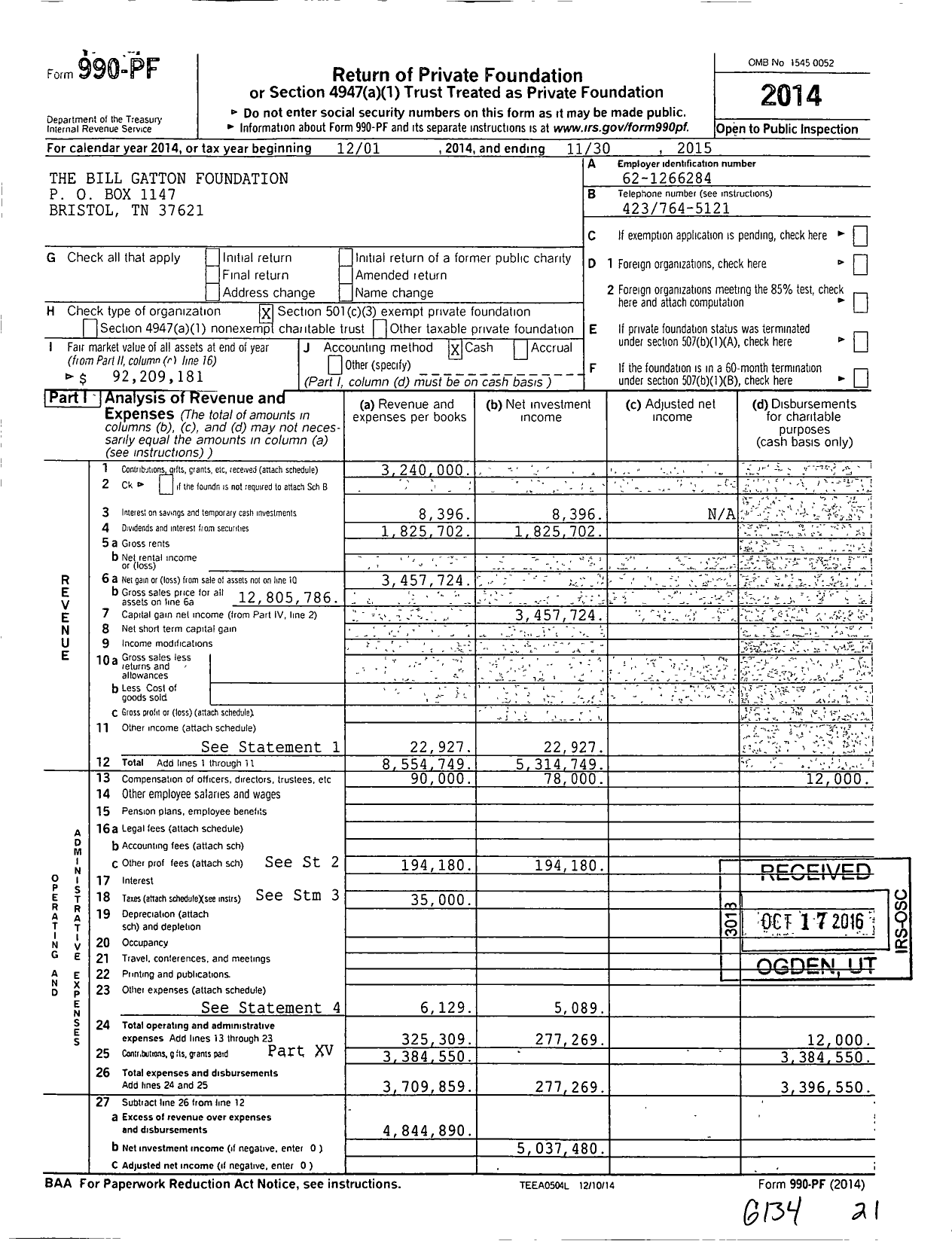 Image of first page of 2014 Form 990PF for The Bill Gatton Foundation