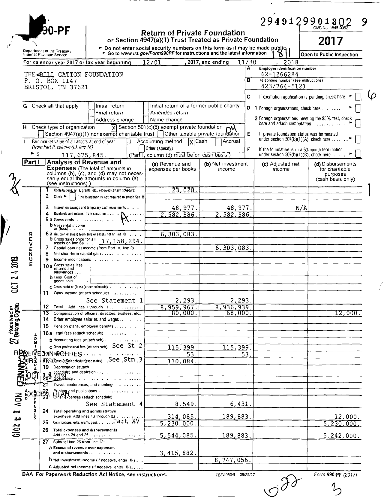 Image of first page of 2017 Form 990PF for The Bill Gatton Foundation