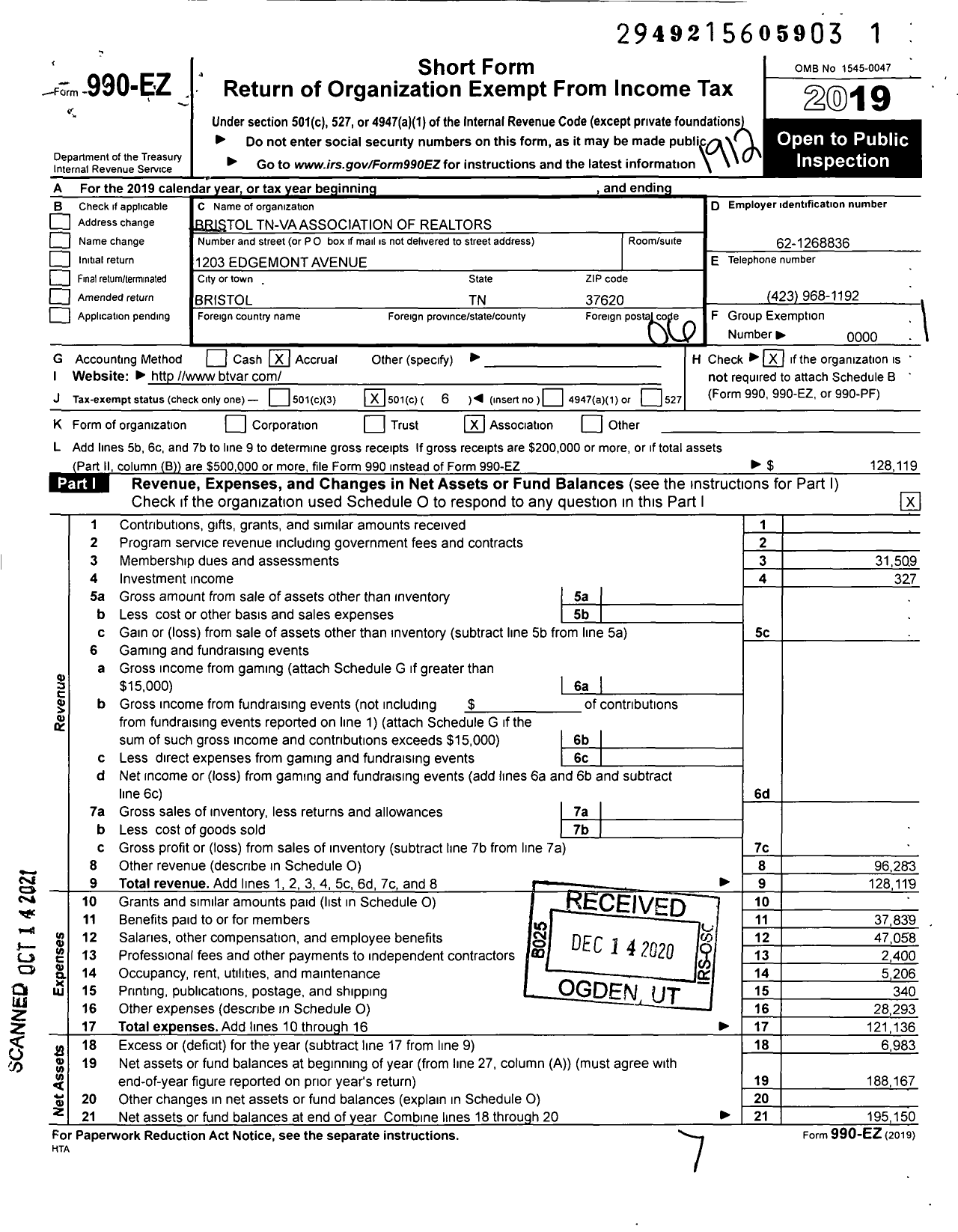 Image of first page of 2019 Form 990EO for Bristol Tn-Va Association of Realtors