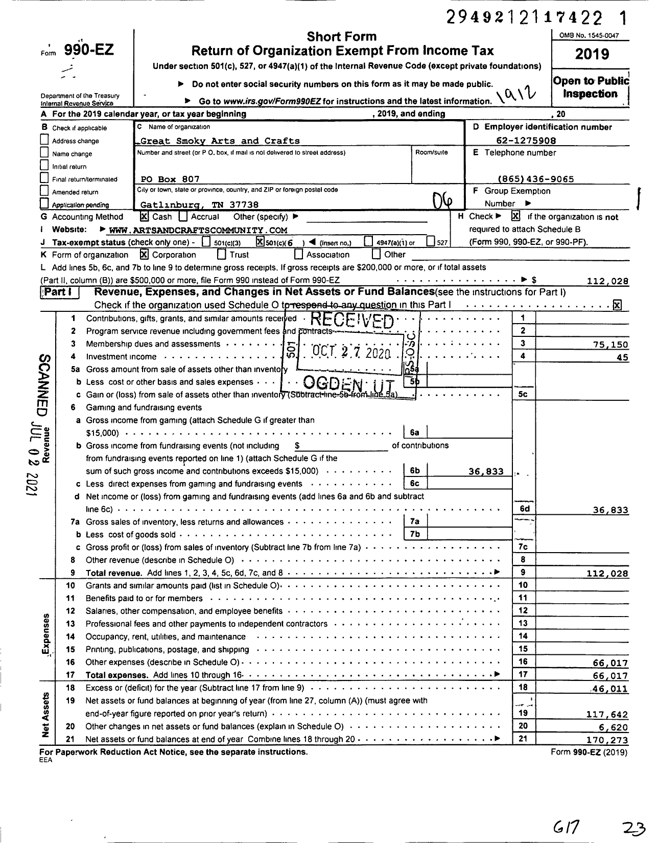 Image of first page of 2019 Form 990EO for Great Smoky Arts and Crafts Community