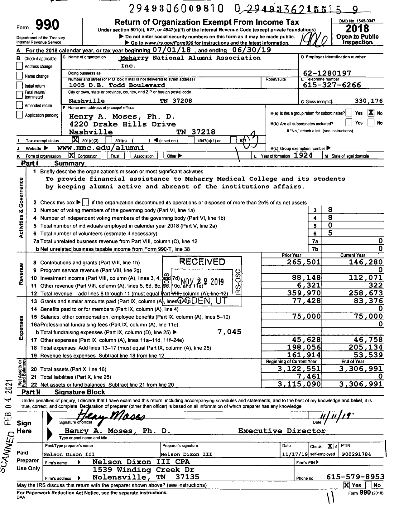 Image of first page of 2018 Form 990 for Meharry National Alumni Association