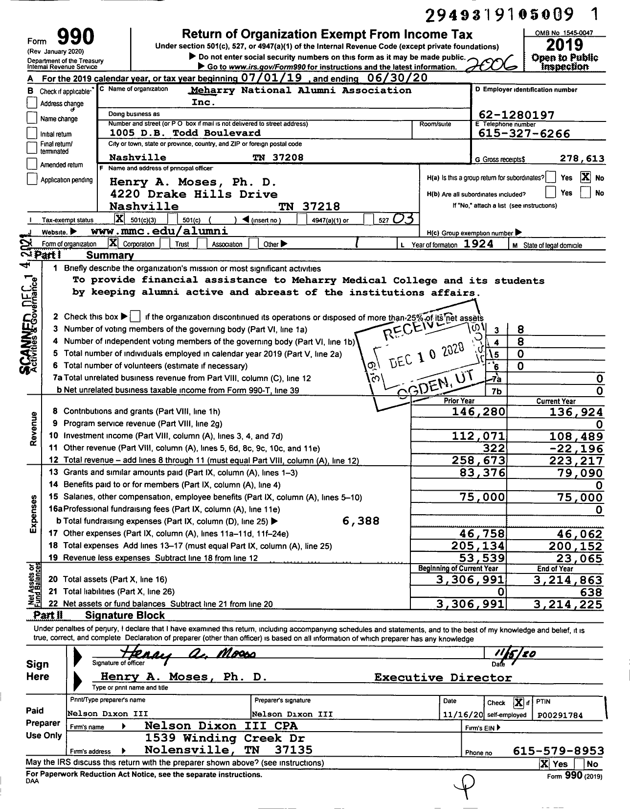 Image of first page of 2019 Form 990 for Meharry National Alumni Association