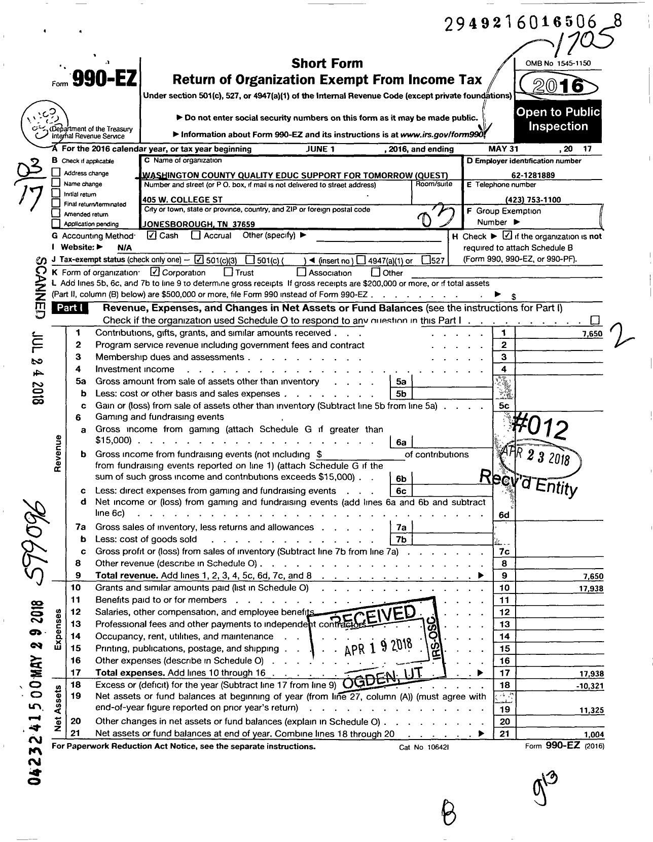 Image of first page of 2016 Form 990EZ for Washington County Quality Educ Support for Tomorrow Quest